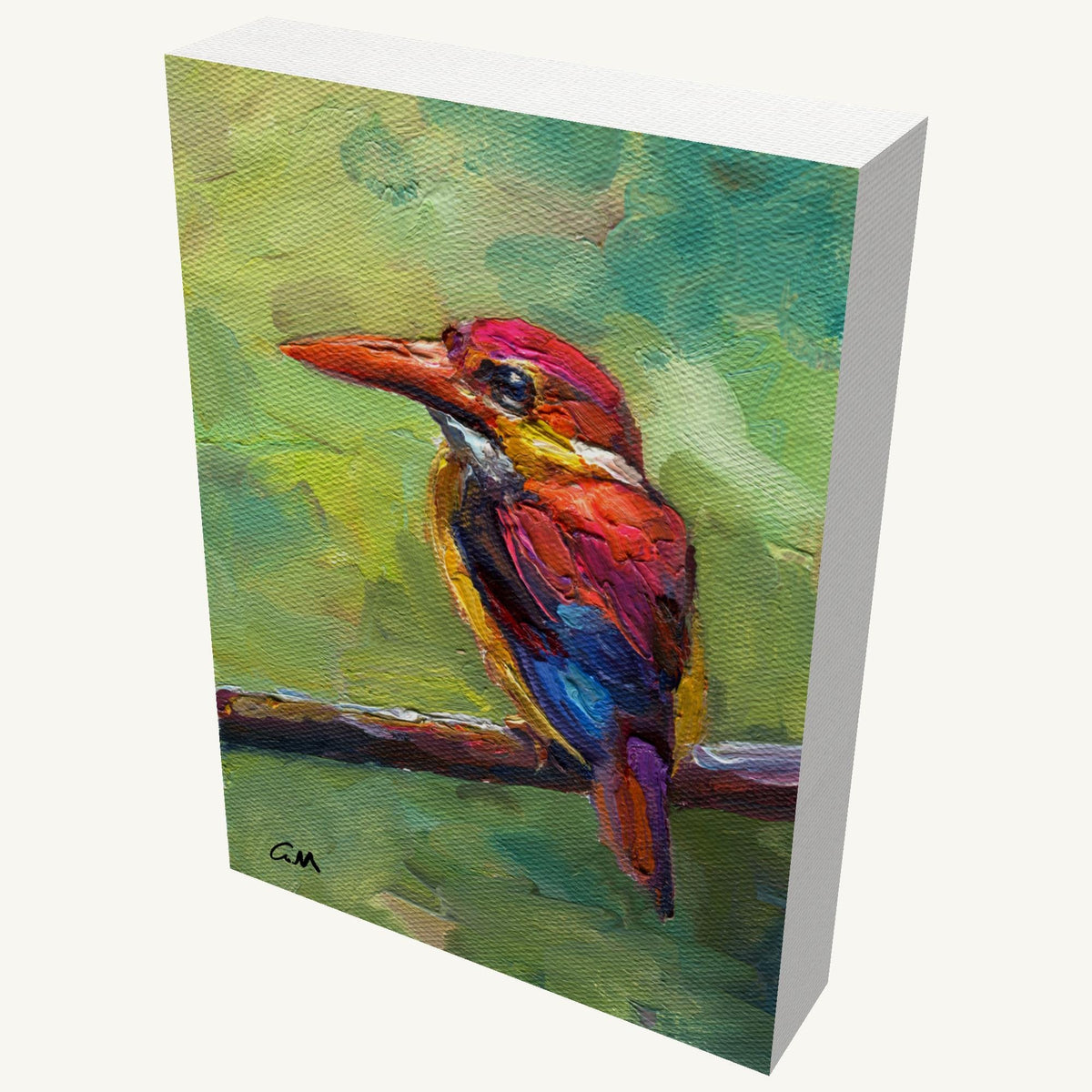 Vertical oil painting of a colorful kingfisher bird perched on a branch, gallery-wrapped canvas with visible depth and side edges, unframed and ready to hang