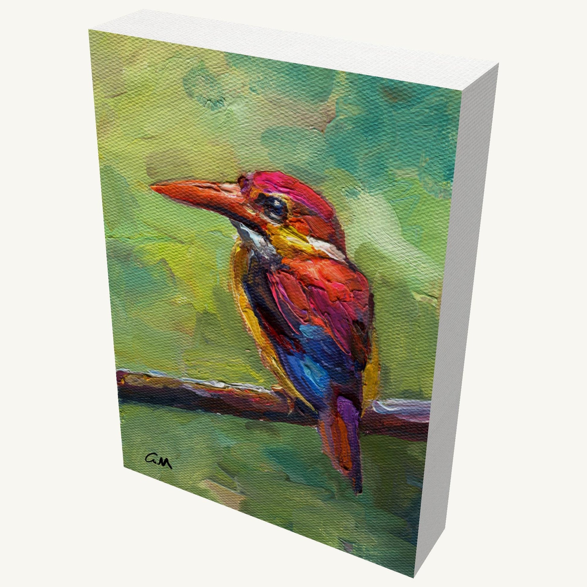 Vertical oil painting of a colorful kingfisher bird perched on a branch, gallery-wrapped canvas with visible depth and side edges, unframed and ready to hang