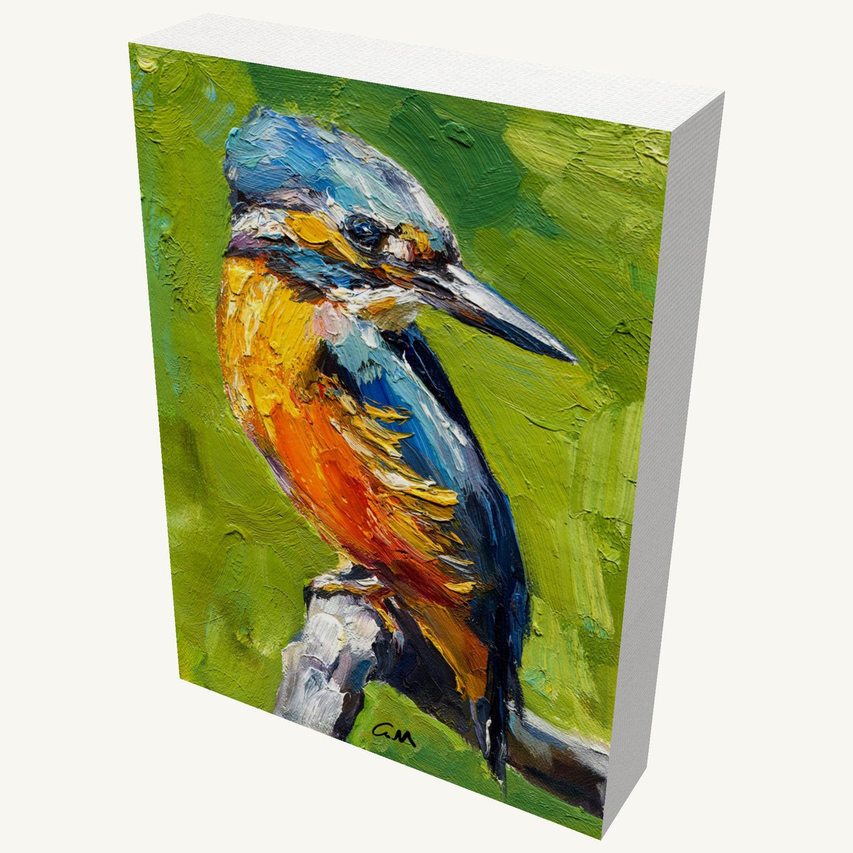 Vibrant oil painting of a kingfisher bird on gallery-wrapped canvas, viewed at an angle, showcasing textured brushwork and rich blue, orange, and green hues against a white background