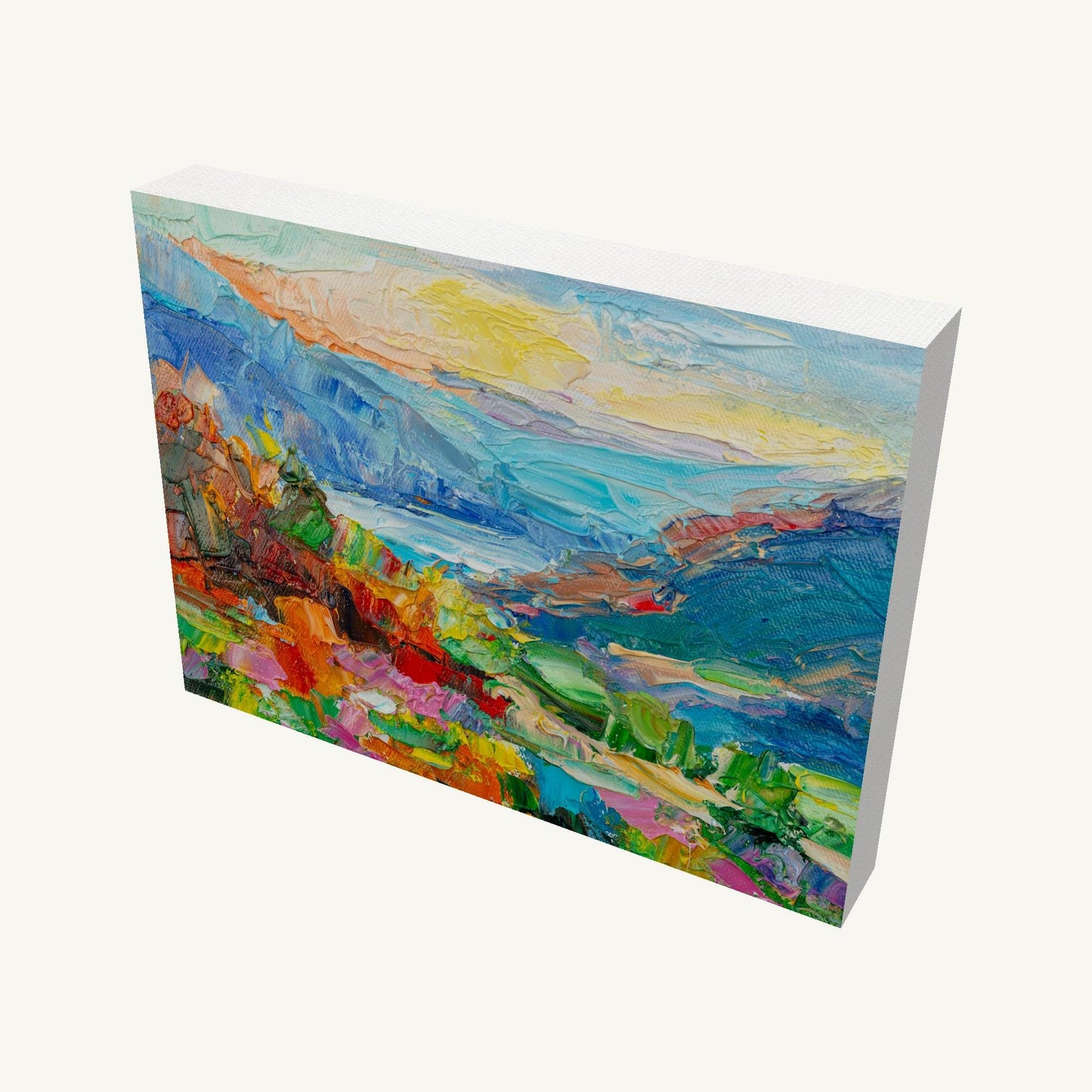 Vibrant mountain valley landscape oil painting on gallery-wrapped canvas, viewed at an angle, showcasing textured brushwork and colorful abstract scenery