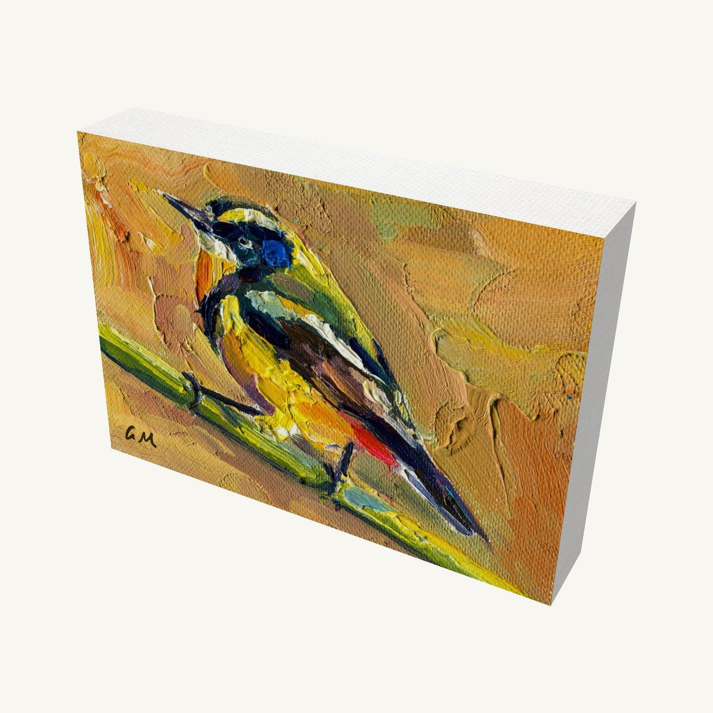 Impasto oil painting of a colorful bird perched on a branch, gallery-wrapped canvas with visible depth and textured brushwork, signed by artist G.M.