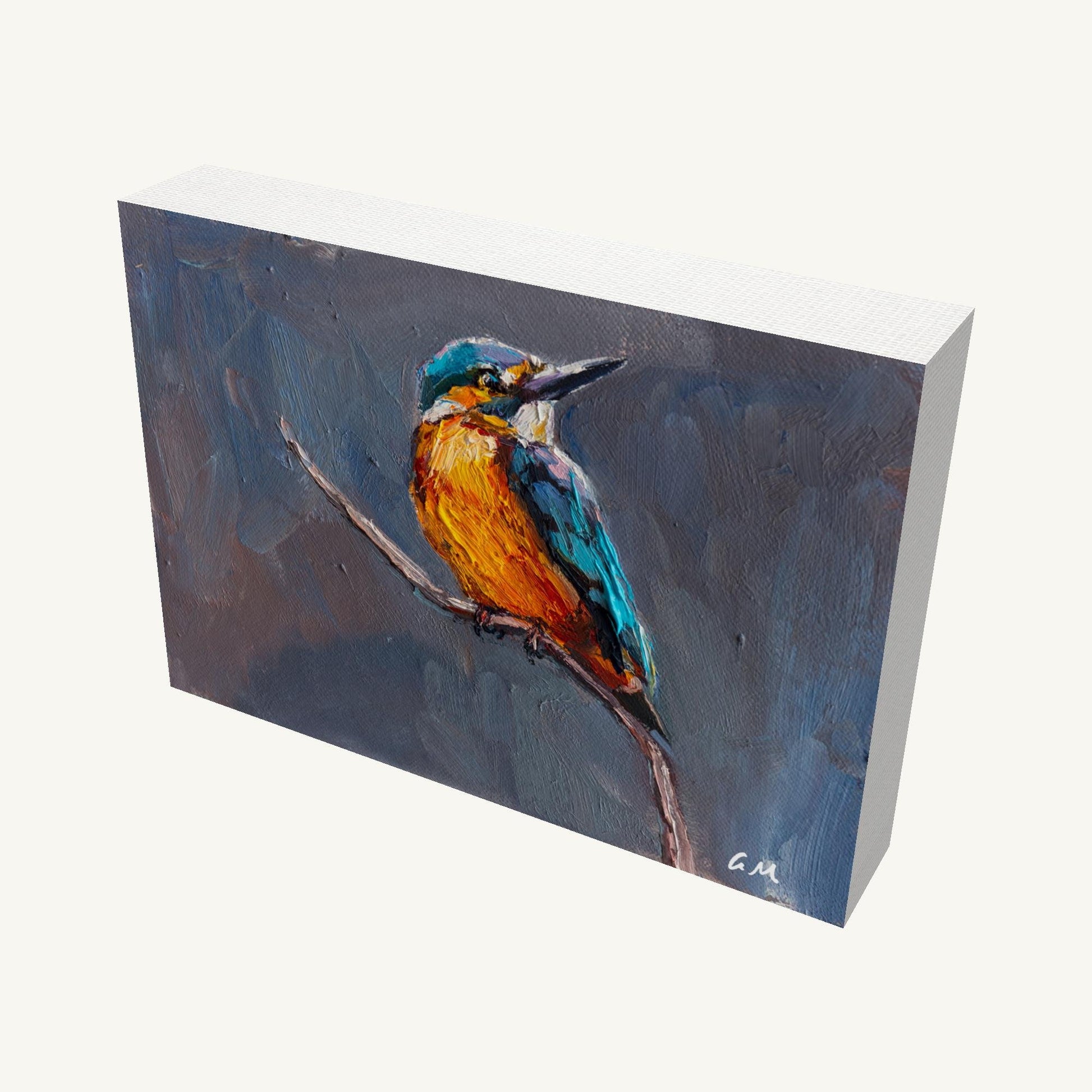 Hand-painted kingfisher perched on a branch, vibrant blue and orange plumage, gallery-wrapped canvas with visible depth and side edges, signed by artist, unframed, vertical orientation