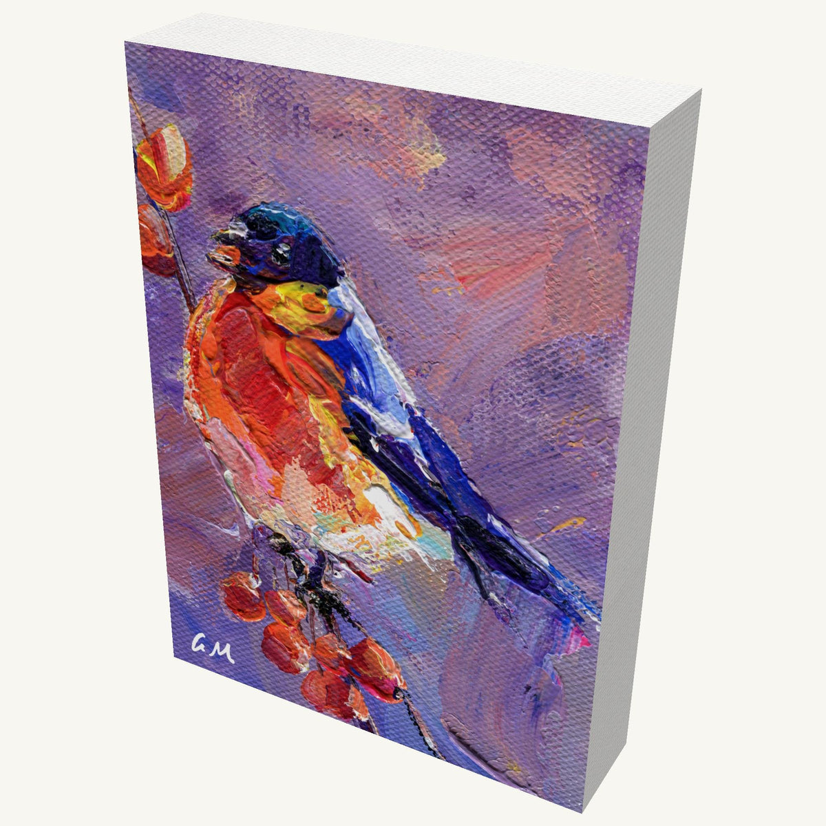 Expressive oil painting of a colorful bird perched on a berry branch, gallery-wrapped on canvas with visible depth and side edges, initialed by artist