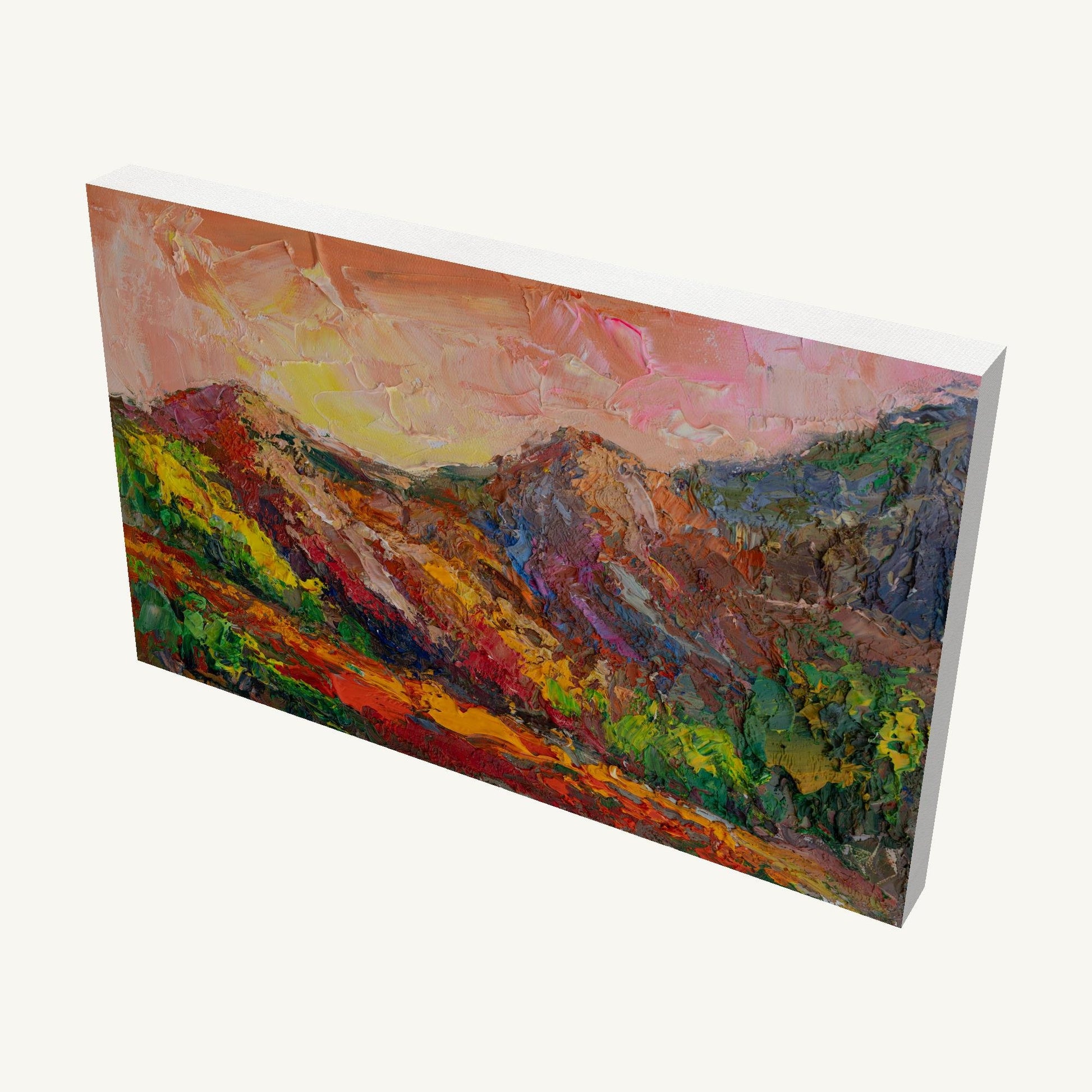 Vibrant impasto mountain landscape painting on gallery-wrapped canvas, viewed at an angle, showcasing thick oil texture and rich colors with visible side edges and subtle shadow