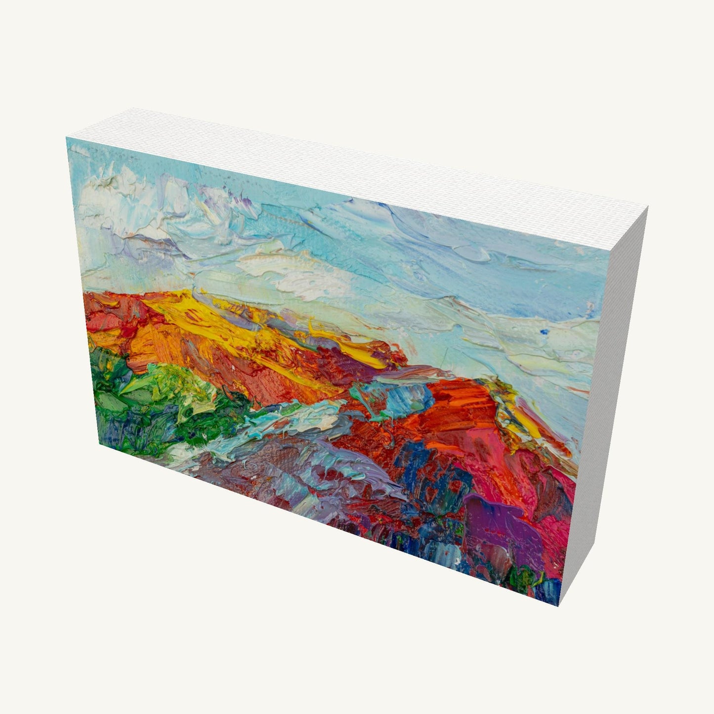 Abstract landscape oil painting on gallery-wrapped canvas, 6x4 in, viewed at an angle showing depth and painted sides, vibrant colors, unframed, ready to hang