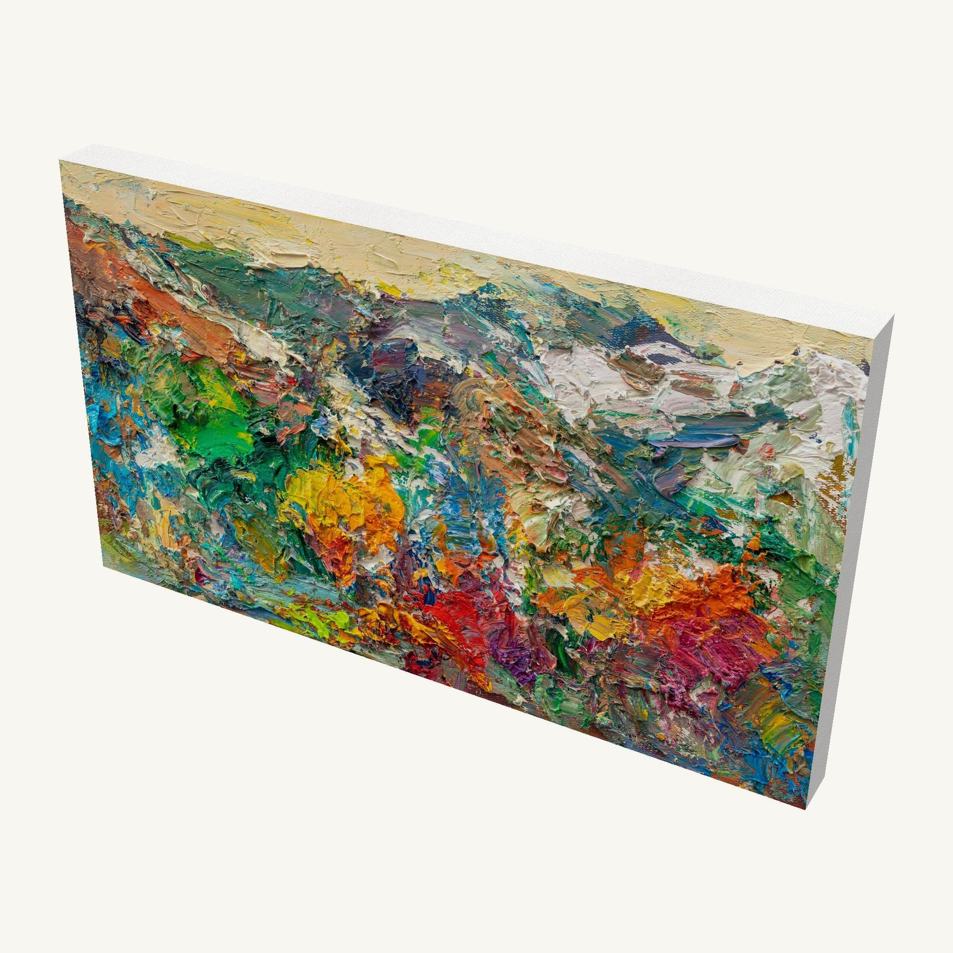 Hand-painted abstract landscape on gallery-wrapped canvas, 18×10.5 in, viewed at an angle showing textured oil paint and white side edges, unframed and ready to hang