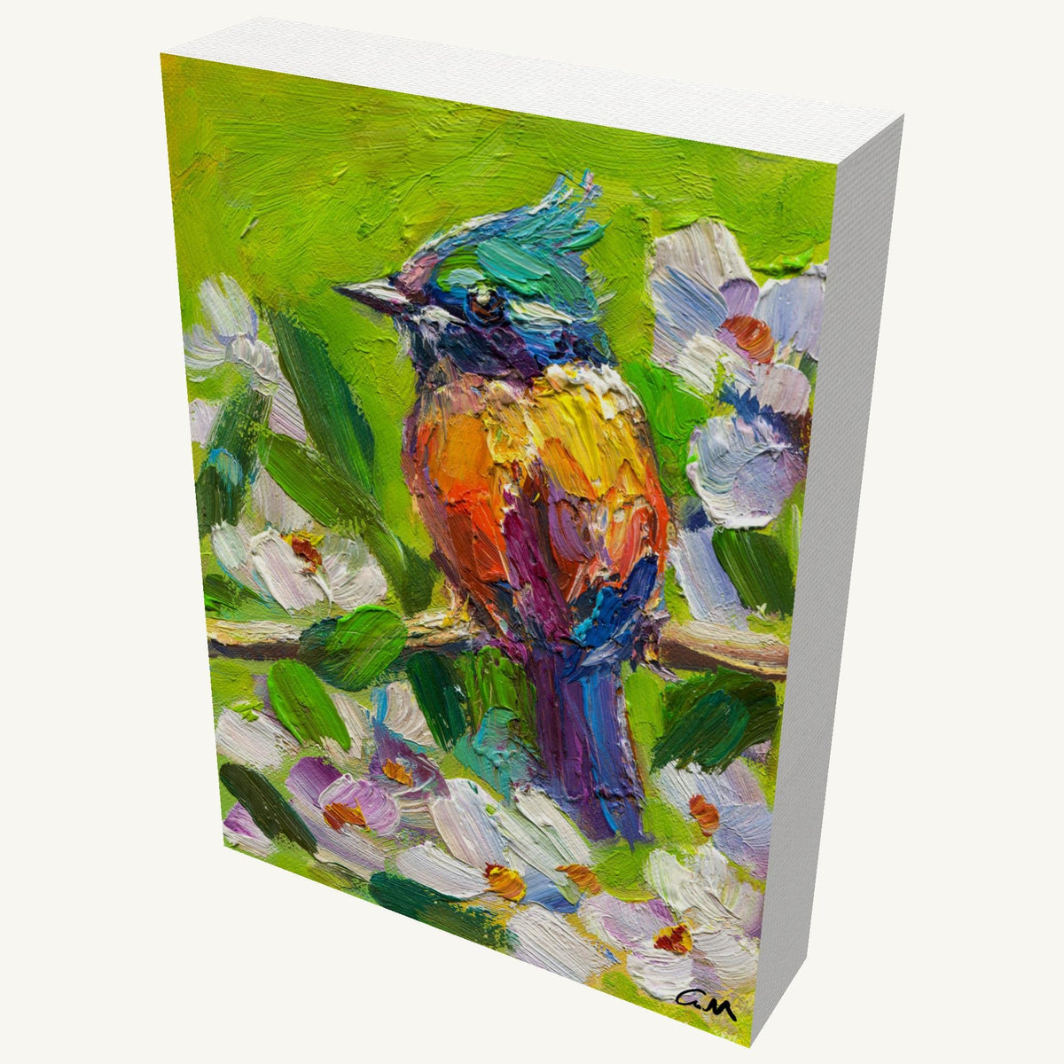 Vibrant oil painting of a colorful bird perched among blossoms on gallery-wrapped canvas, viewed at an angle with visible depth and side edges