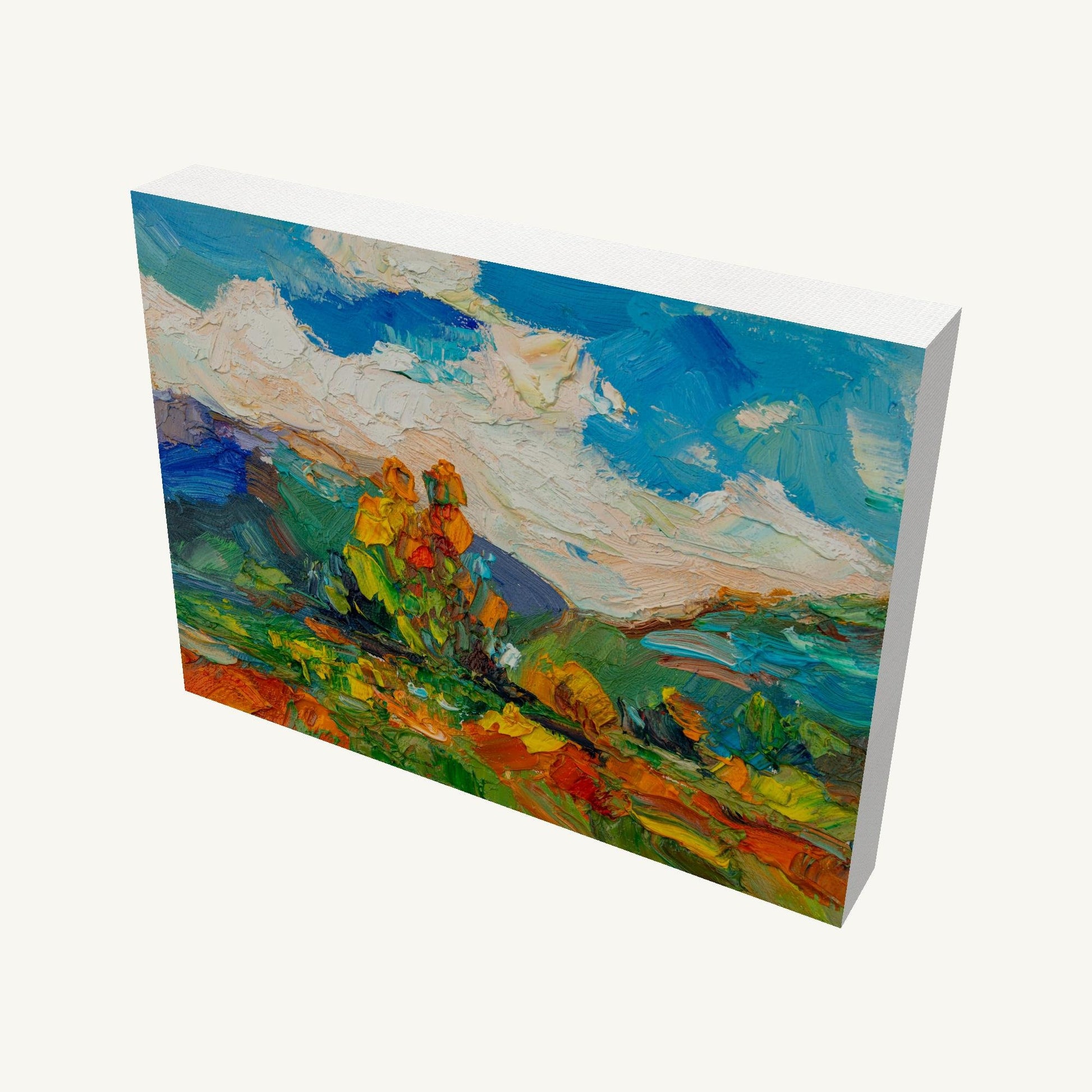 Expressive Field of Marigolds by George Miller, horizontal oil painting on gallery-wrapped canvas, viewed at an angle showing depth and side edges, unframed and ready to hang