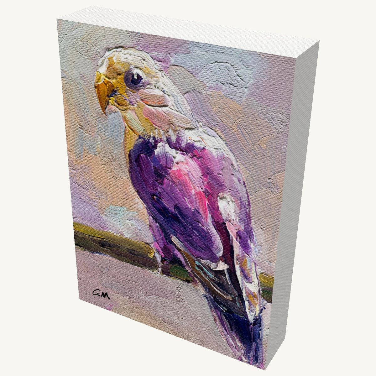 Vertical oil painting of a purple parrot on gallery-wrapped canvas, viewed at an angle, showing textured brushwork and painted sides, casting soft shadow