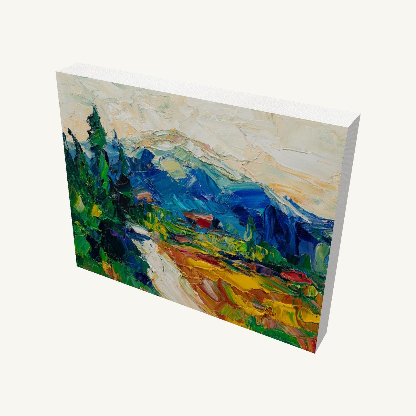 Gallery-wrapped oil painting of a mountain valley landscape, viewed at an angle, showing textured brushwork and canvas depth with visible side edges and soft shadow
