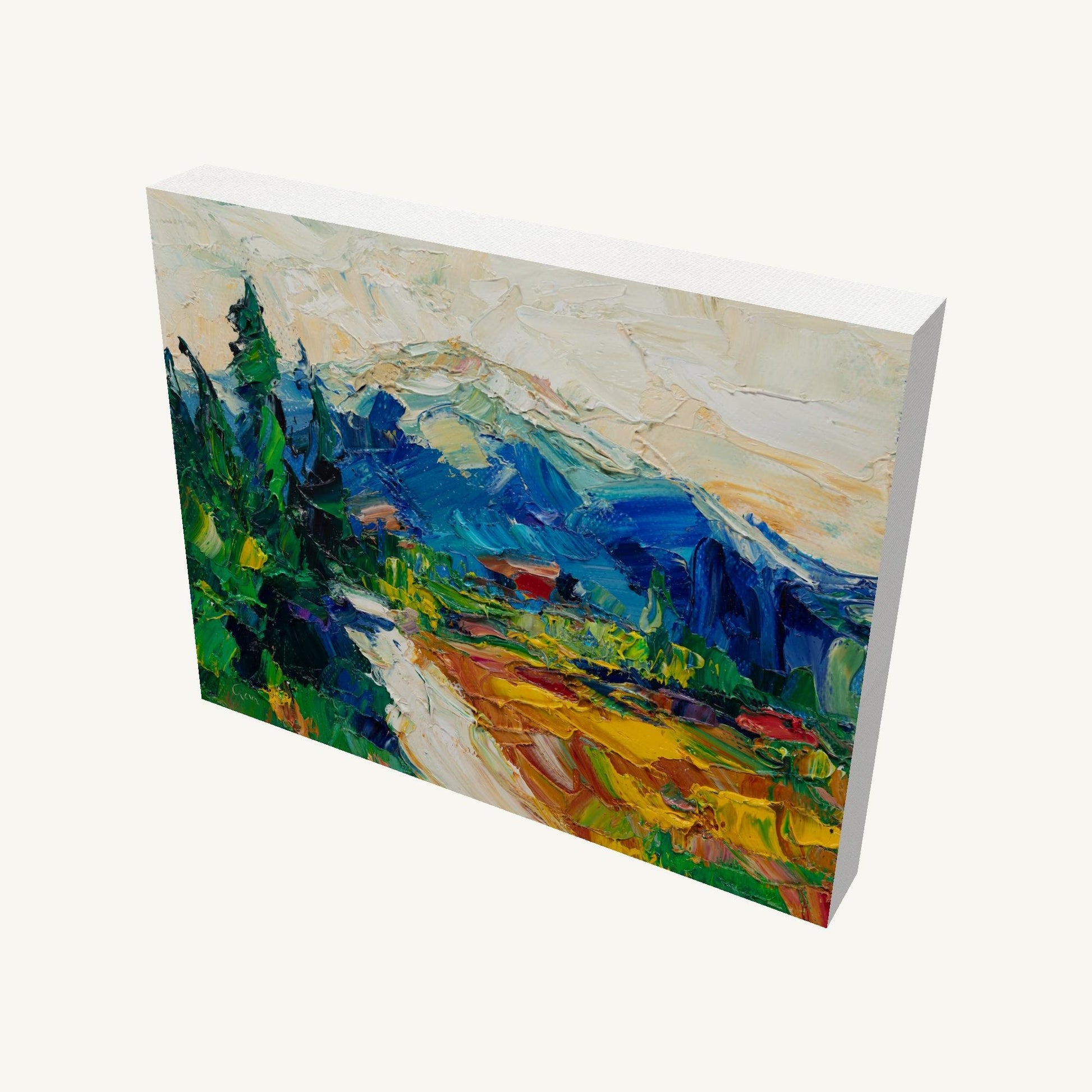 Gallery-wrapped oil painting of a mountain valley landscape, viewed at an angle, showing textured brushwork and canvas depth with visible side edges and soft shadow