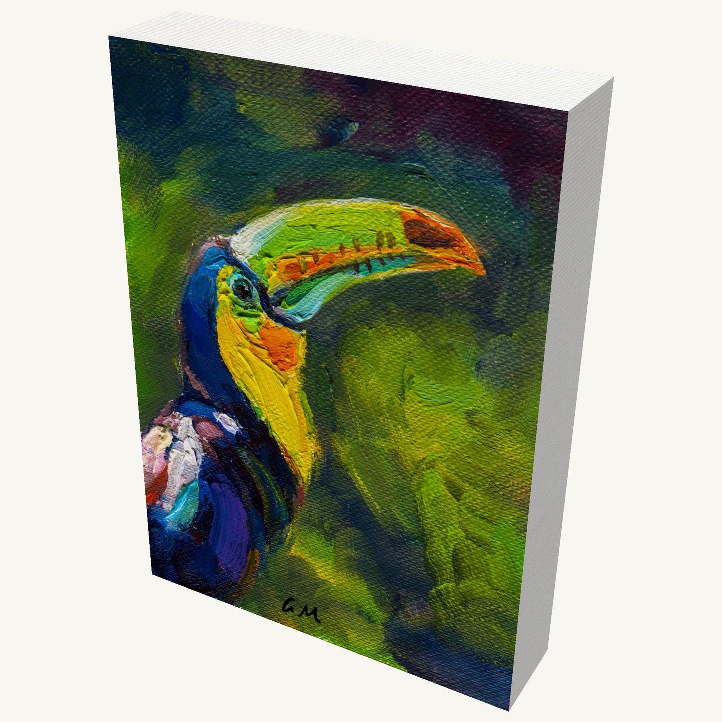 Vibrant oil painting of a toucan on gallery-wrapped canvas, viewed at an angle, showcasing depth and texture with visible side edges and signature