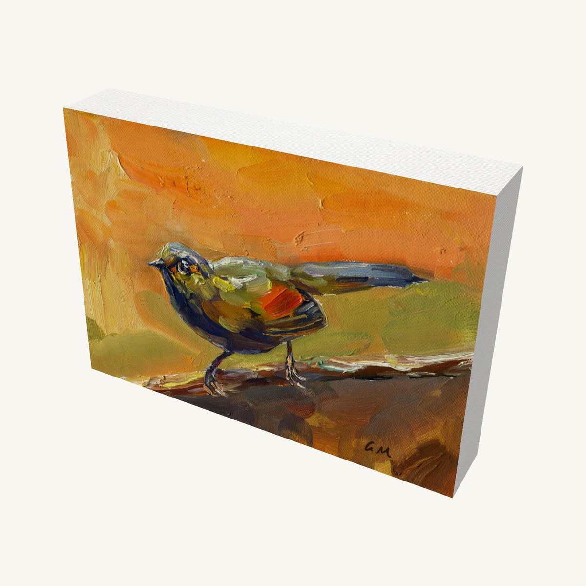 Gallery-wrapped oil painting of a colorful bird on a branch, viewed at an angle, showcasing textured impasto brushwork and visible canvas depth with painted sides