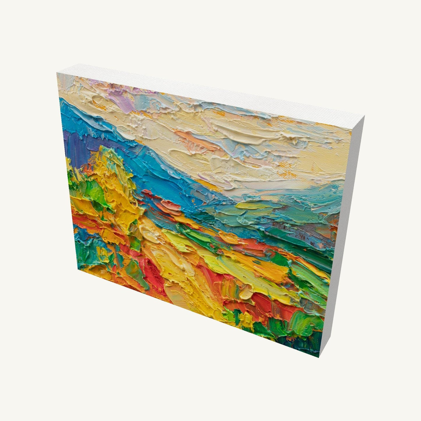 Impasto landscape abstract painting on gallery-wrapped canvas, viewed at an angle, showcasing thick oil paint texture and vibrant colors with visible side edges and soft shadow
