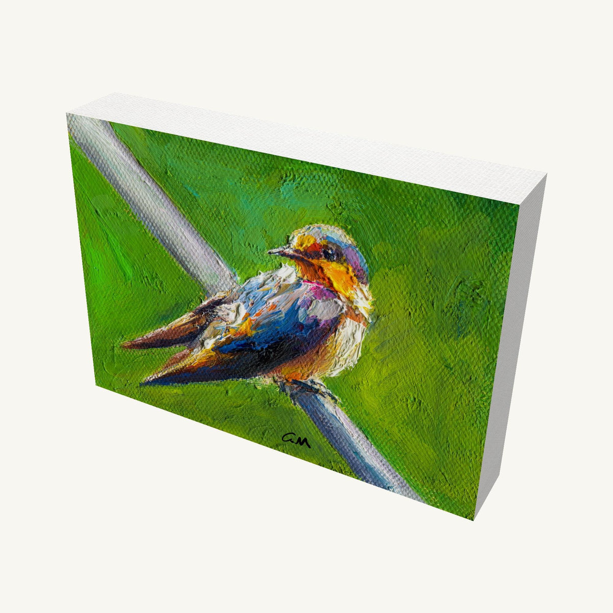 Vibrant oil painting of a colorful bird perched on wire, gallery-wrapped canvas with visible depth and painted edges, unframed and ready to hang