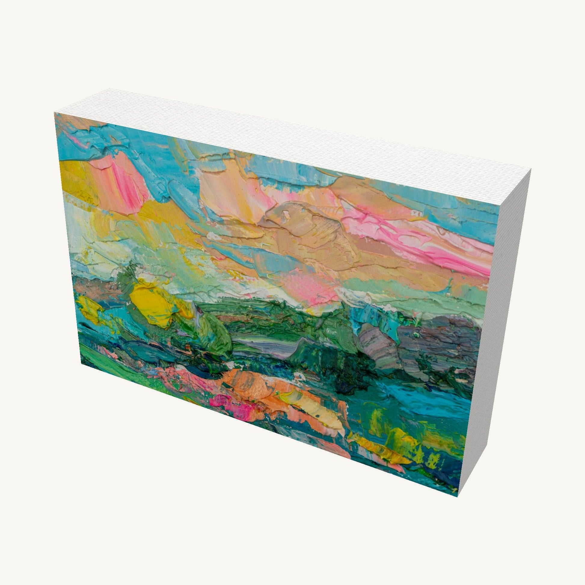 Hand-painted abstract landscape on gallery-wrapped canvas, viewed at an angle, showcasing vibrant blues, greens, and yellows with textured oil paint and visible side edges