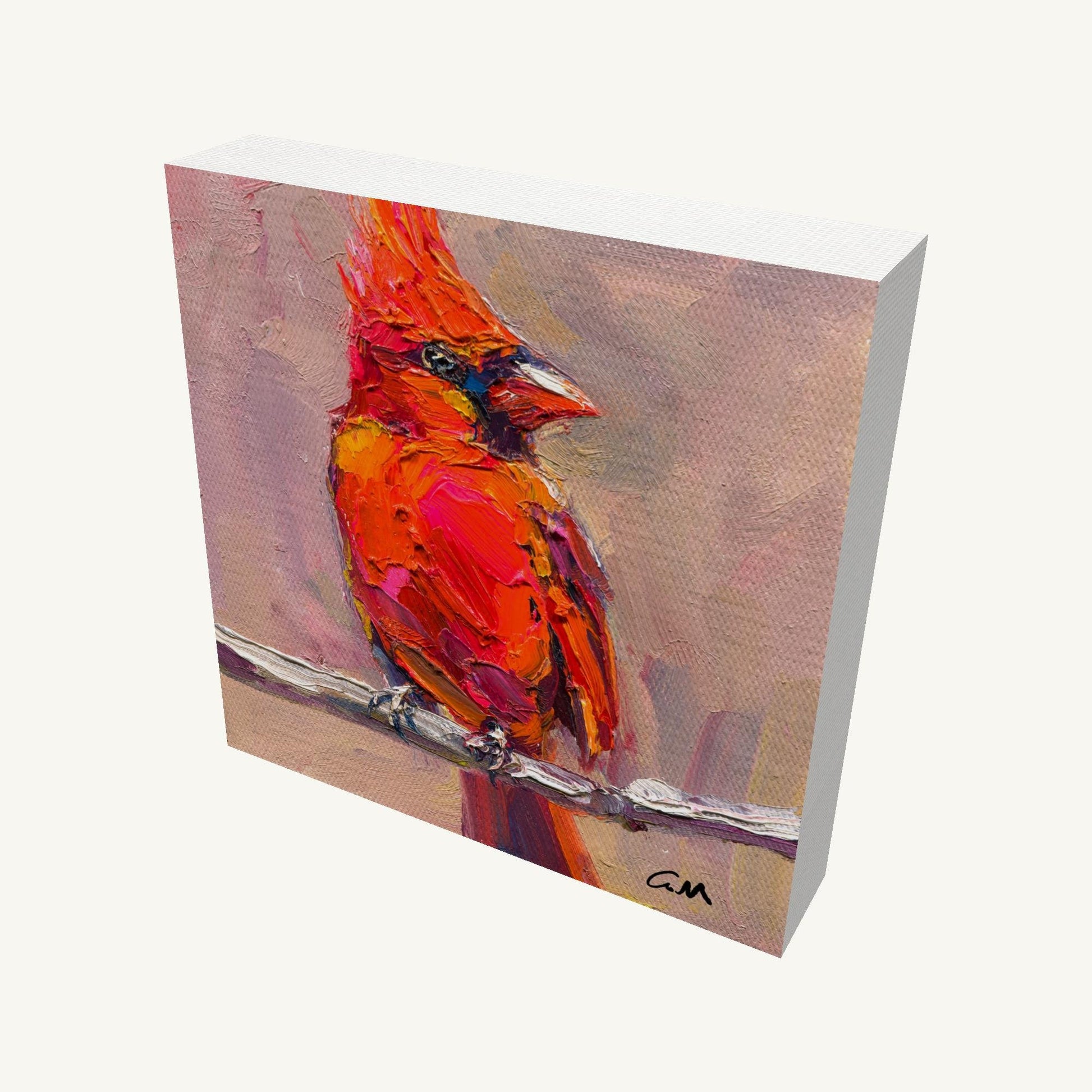 Vibrant oil painting of a cardinal bird perched on a branch, gallery-wrapped canvas with visible depth and painted sides, signed by artist