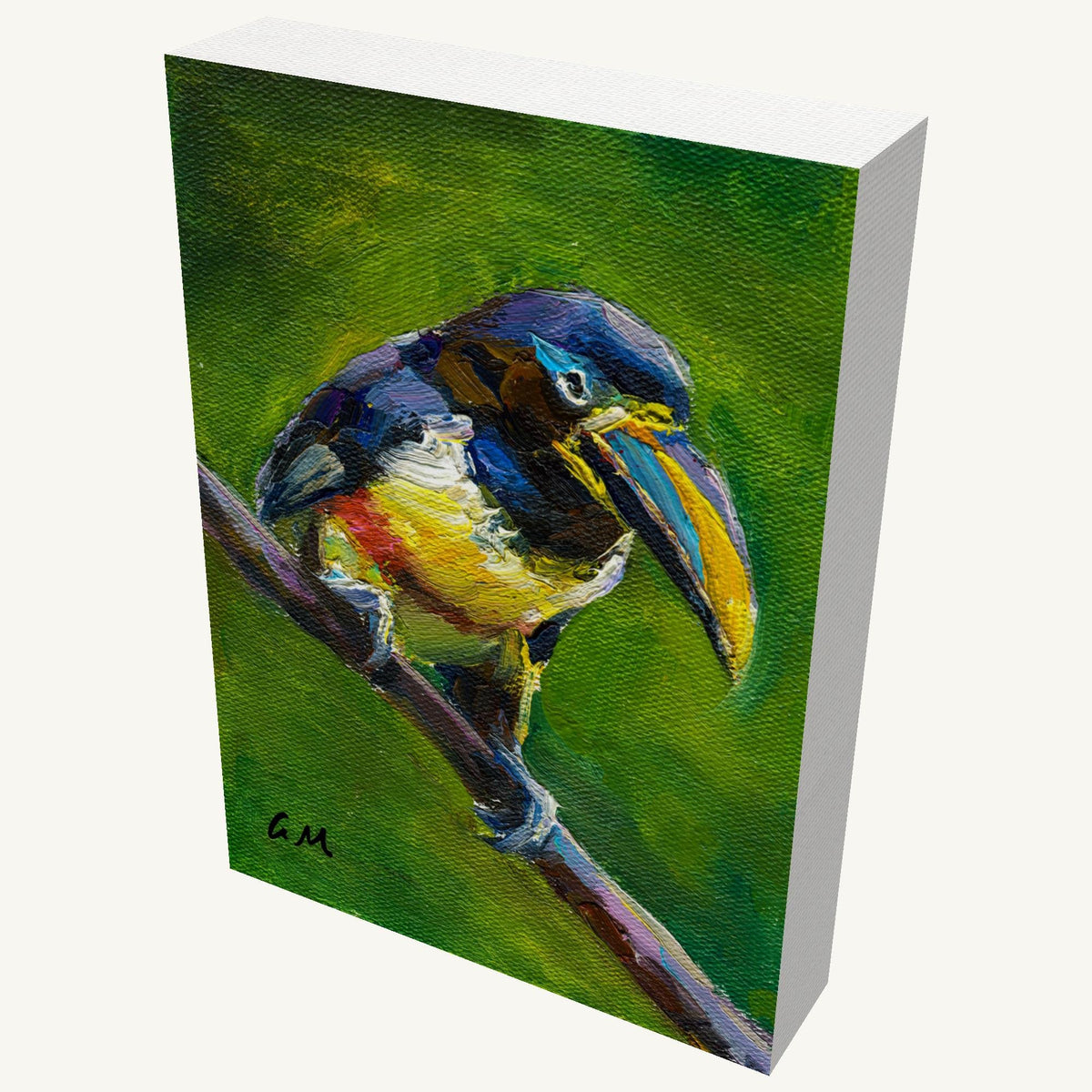 Hand-painted toucan portrait on gallery-wrapped canvas, viewed at an angle, showcasing vibrant colors and textured oil paint, with visible side edges and subtle shadow
