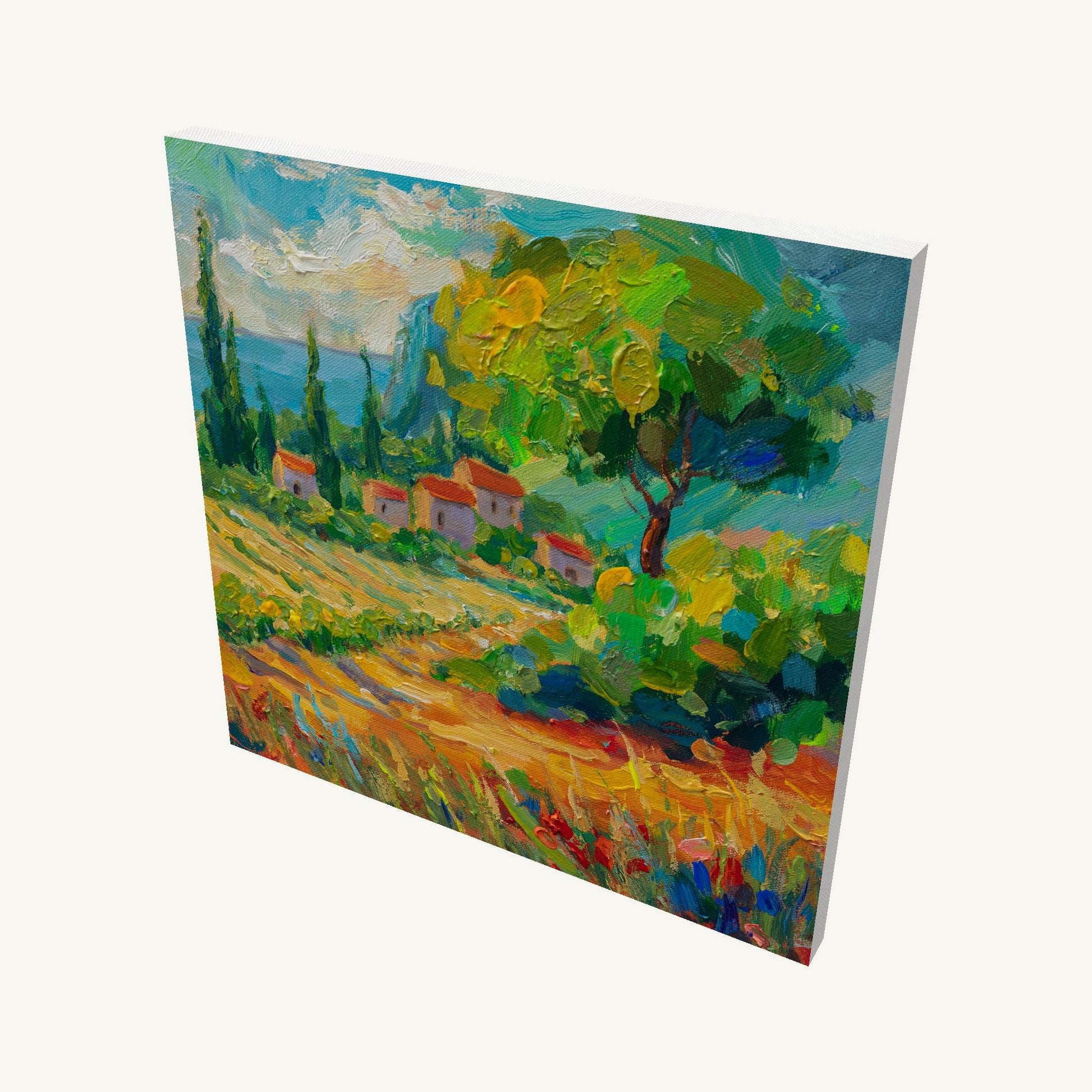 Mediterranean village landscape oil painting on gallery-wrapped canvas, angled view showing depth and side edges, vibrant colors, unframed and ready to hang