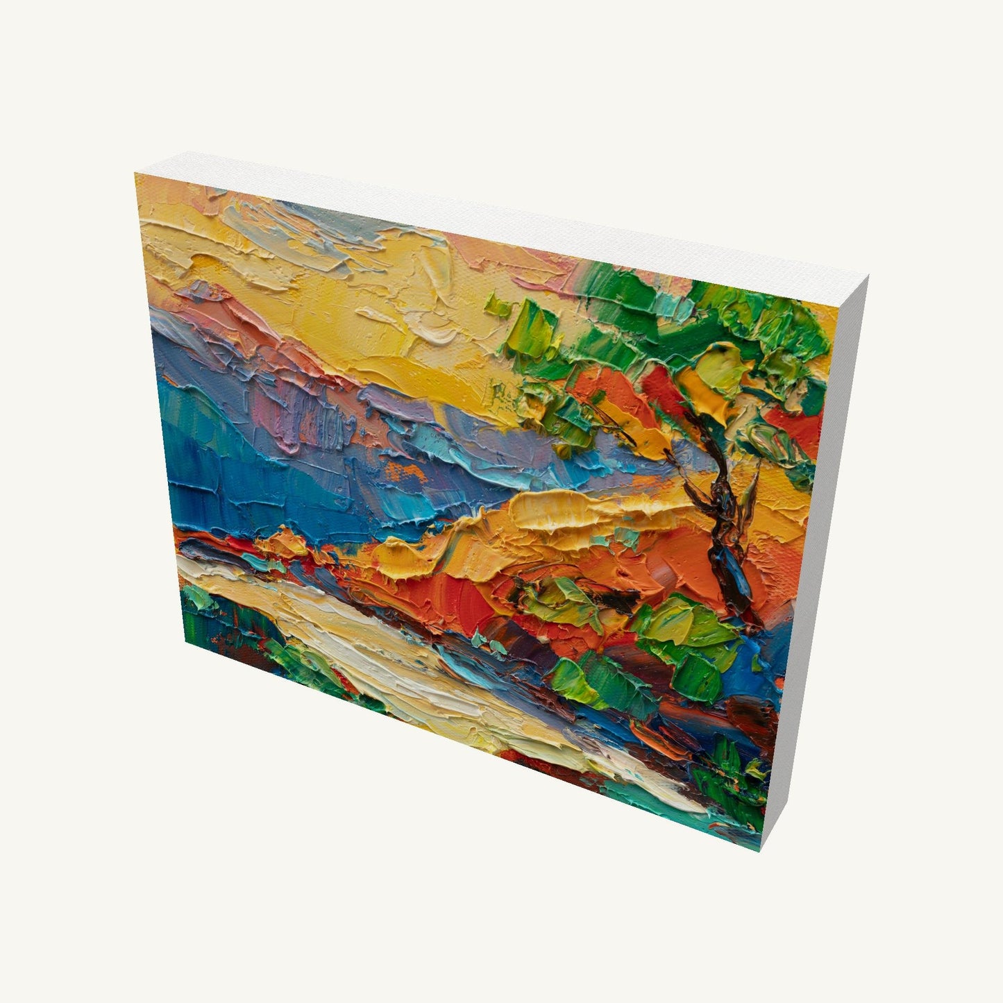 Expressive landscape oil painting on gallery-wrapped canvas, viewed at an angle, showcasing vibrant colors and textured brushwork with visible depth and side edges
