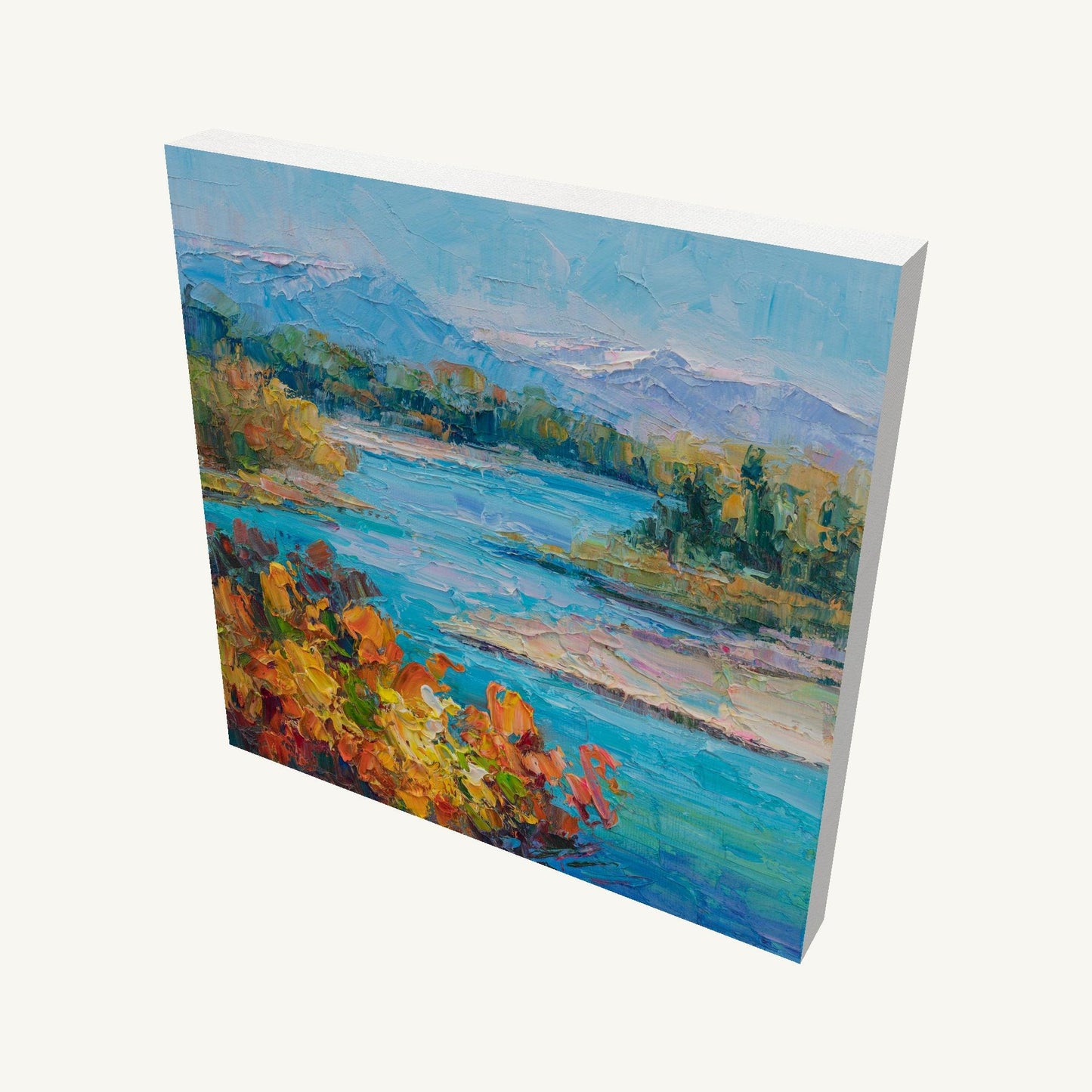 Impressionist lake scene oil painting on gallery-wrapped canvas, angled view showing depth and side edges, unframed and ready to hang