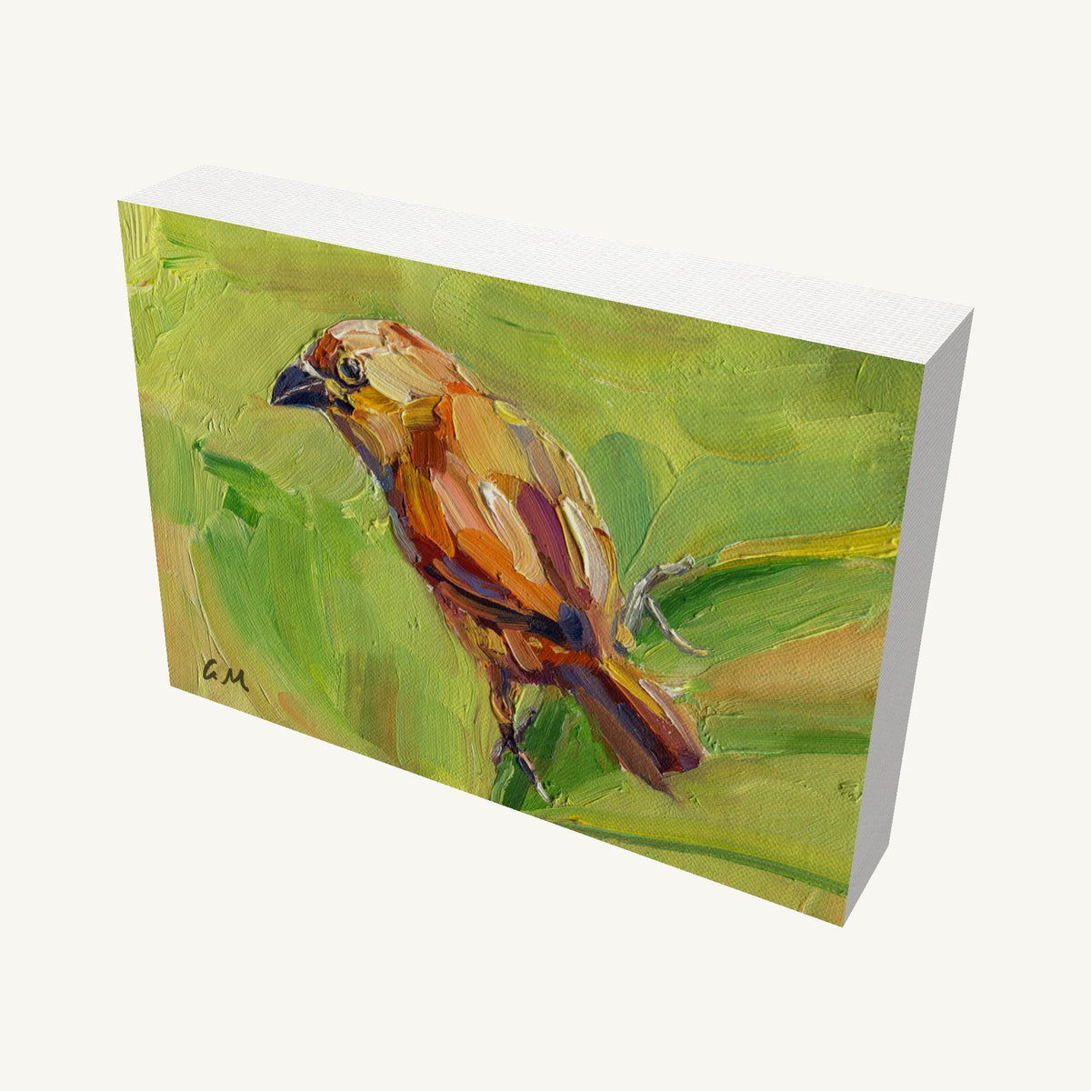 Gallery-wrapped oil painting of a bird in warm earth tones on green background, viewed at an angle showing canvas depth and side edges, signed by artist