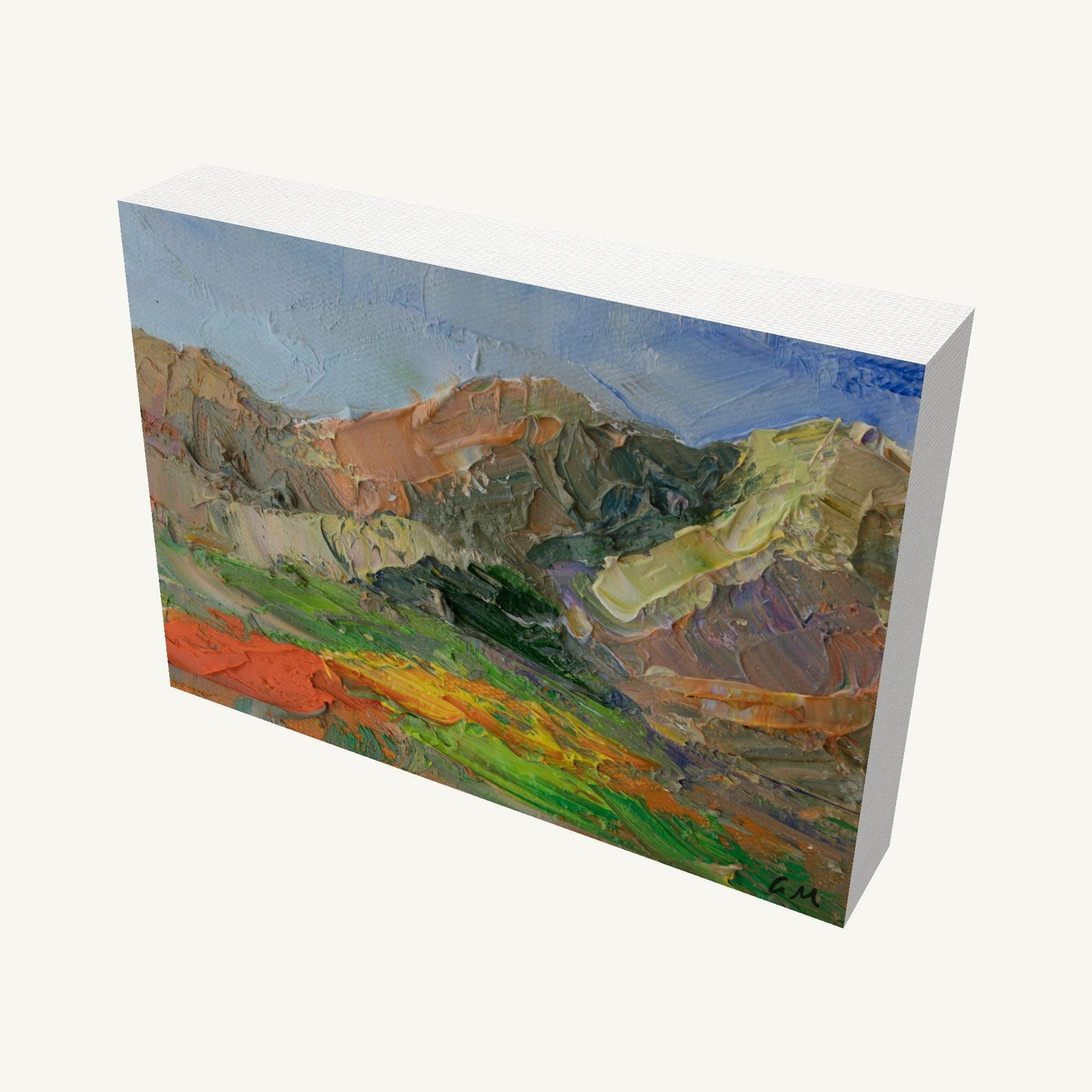 Vibrant desert canyon landscape painting on gallery-wrapped canvas, viewed at an angle, showcasing textured oil brushwork and bold colors with visible depth and shadow