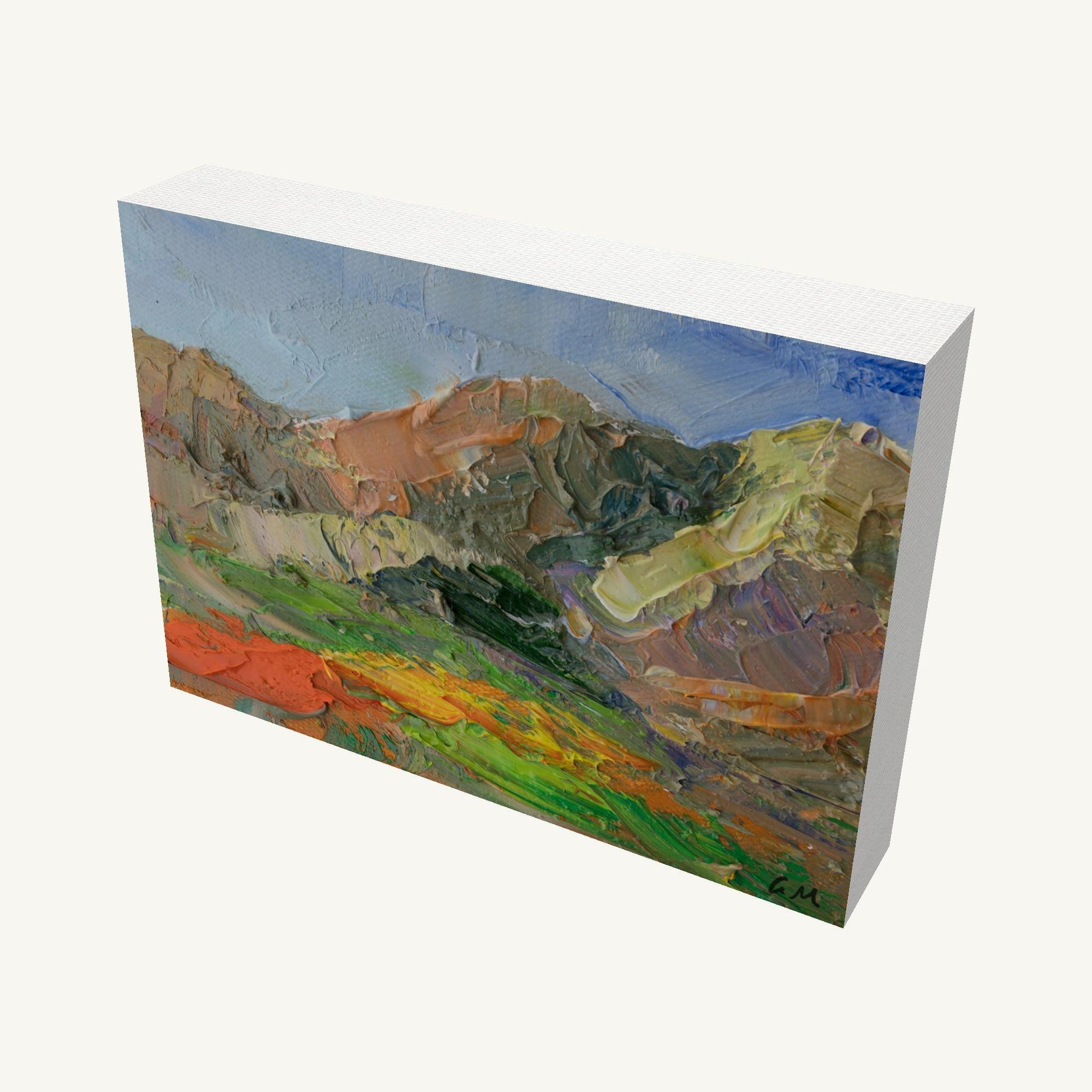 Vibrant desert canyon landscape painting on gallery-wrapped canvas, viewed at an angle, showcasing textured oil brushwork and bold colors with visible depth and shadow