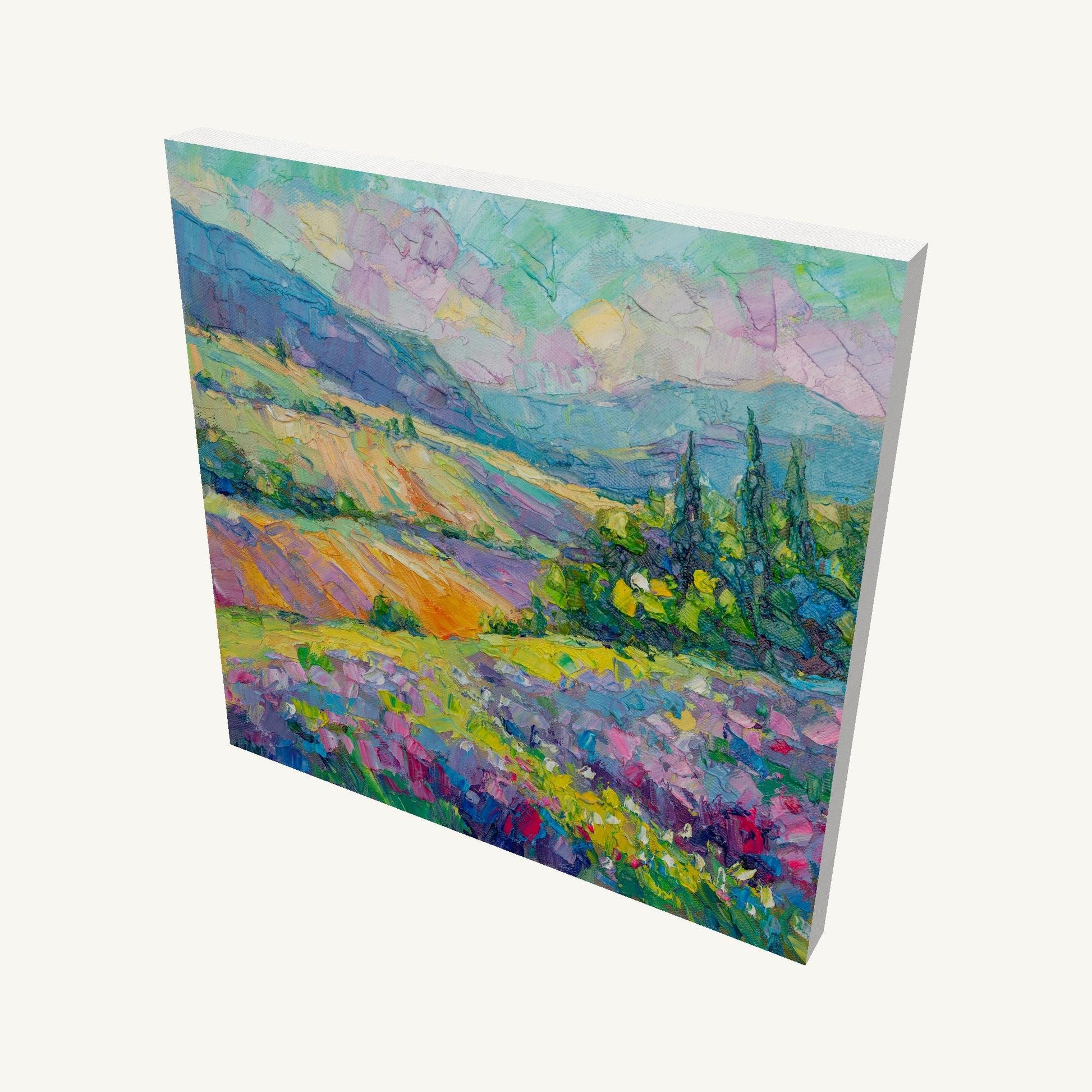 Serene pastoral landscape oil painting on gallery-wrapped canvas, angled view showing depth and painted sides, unframed and ready to hang