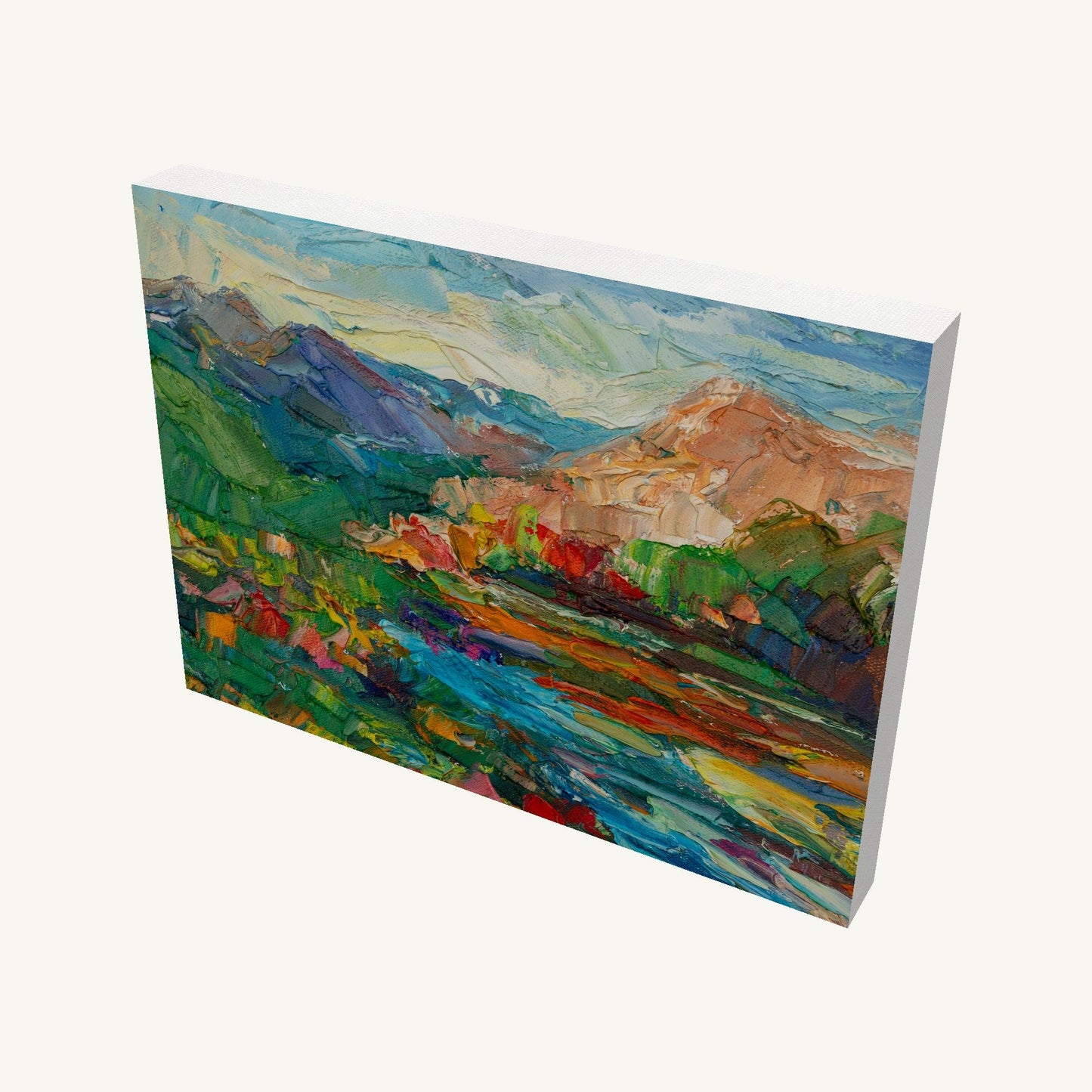 Abstract oil painting of a mountain river landscape on gallery-wrapped canvas, viewed at an angle, showing depth and painted sides
