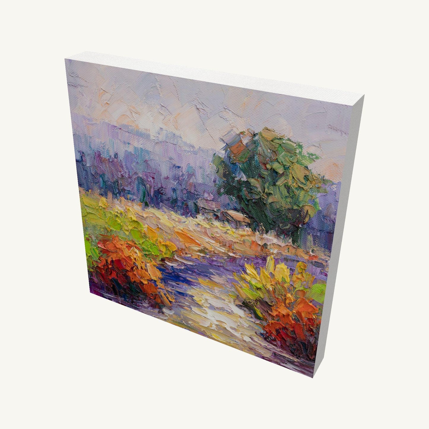 Gallery-wrapped canvas painting of a vibrant garden path in Impressionist style, featuring green, orange, and purple hues, viewed at an angle with visible depth and side edges