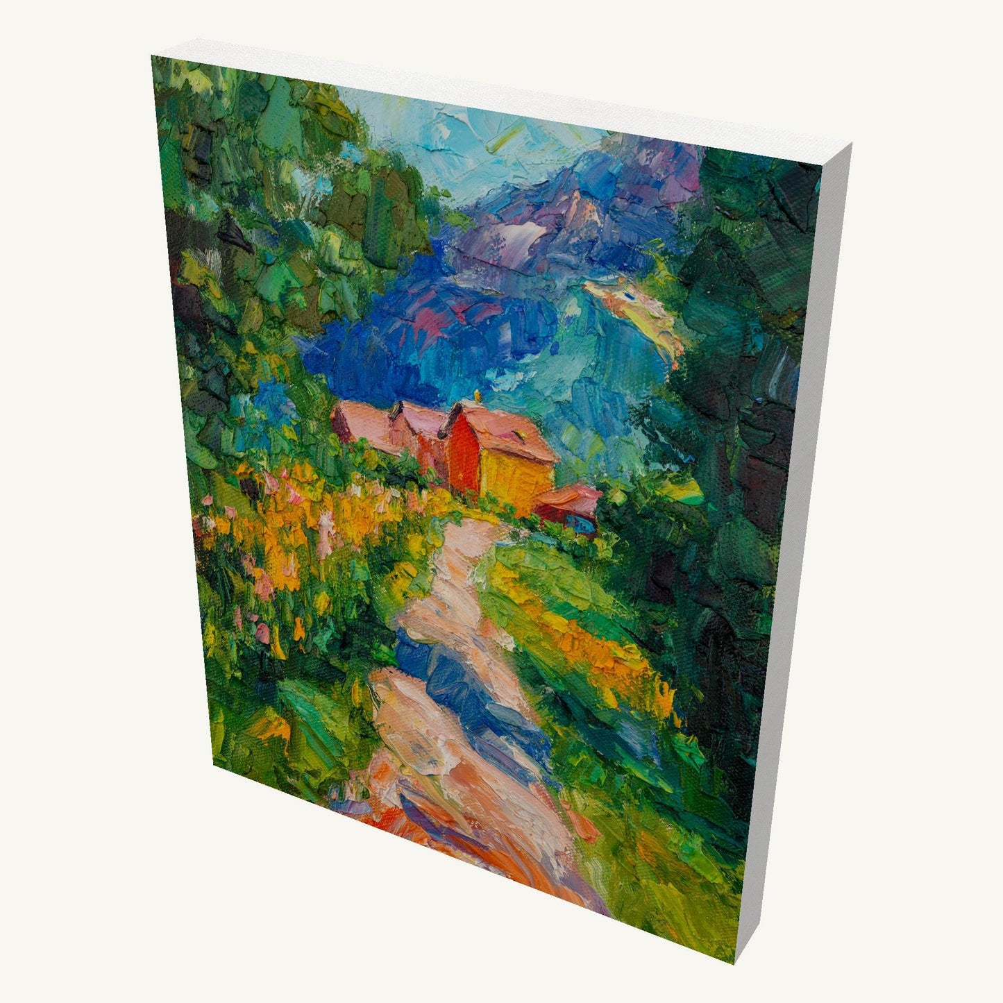 Hand-painted mountain cottage landscape on gallery-wrapped canvas, vertical orientation, vibrant greens and blues, textured oil paint, unframed, viewed at an angle with visible depth and side edges
