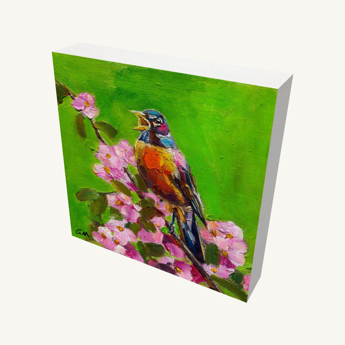 Hand-painted robin perched on blooming pink flowers against a vibrant green background, gallery-wrapped canvas with visible depth and side edges, signed by artist