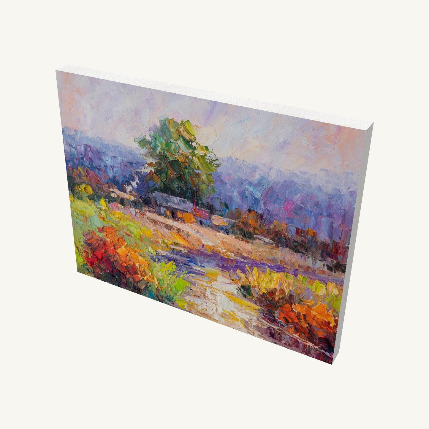 Impasto landscape oil painting on gallery-wrapped canvas, angled view showing textured brushwork and depth, unframed and ready to hang