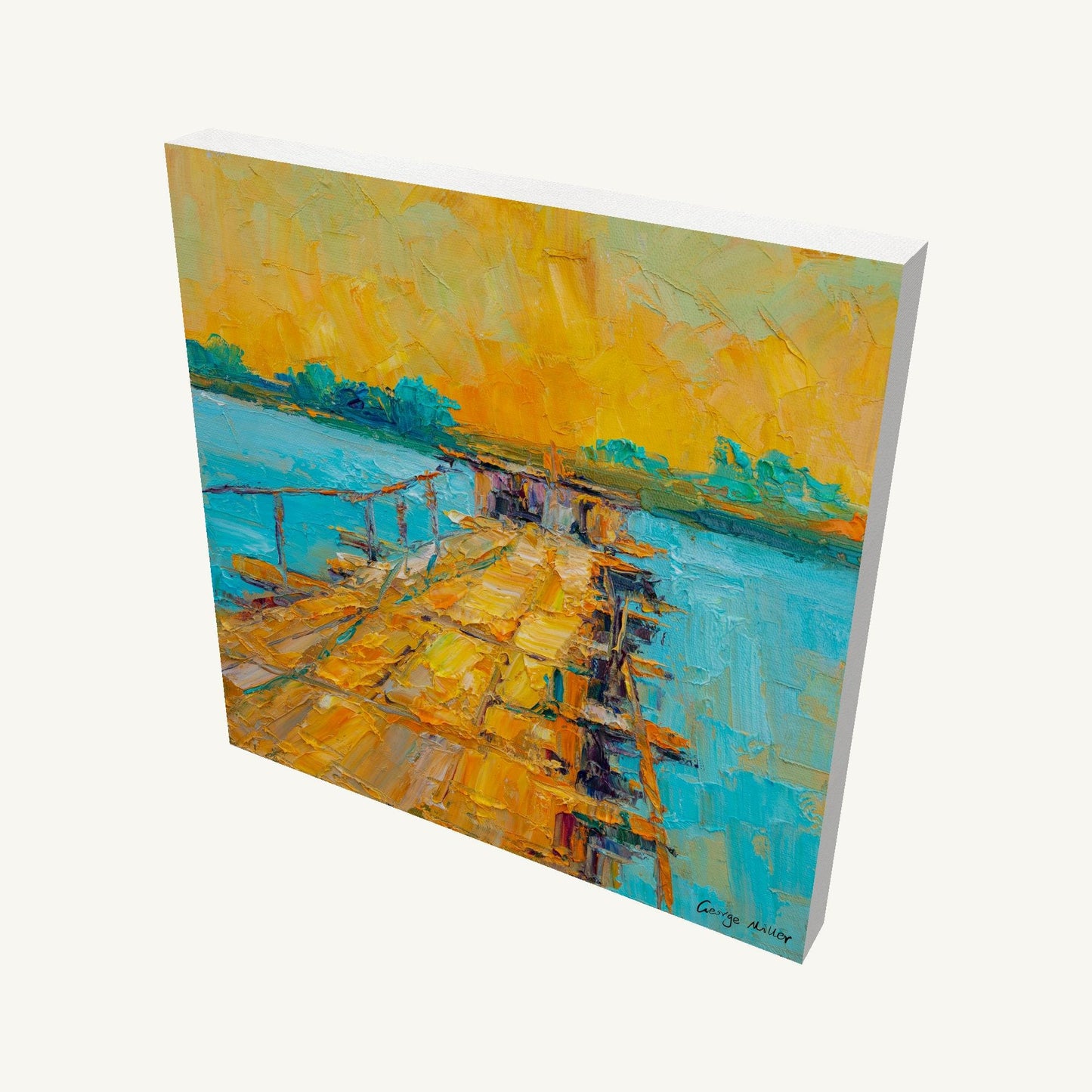 Hand-painted dock scene on gallery-wrapped canvas, angled view showing depth and painted sides, vibrant yellow sky over blue water, signed by artist