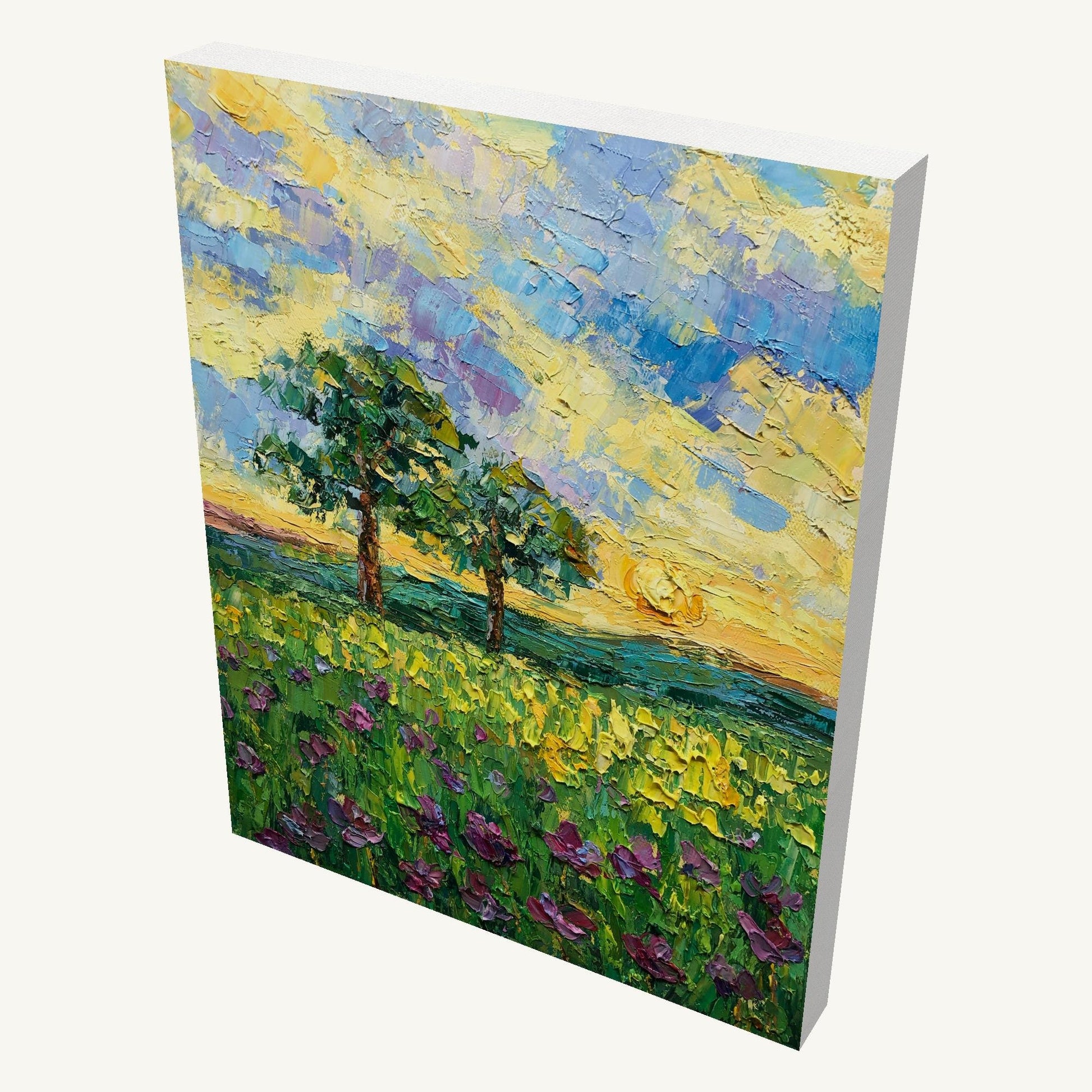 Hand-painted spring meadow landscape on gallery-wrapped canvas, vertical orientation, textured oil paint, vibrant greens, yellows, and blues, unframed, viewed at an angle with visible depth and shadow
