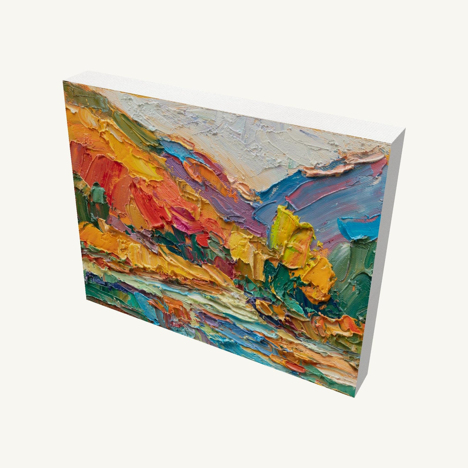 Vibrant abstract landscape oil painting on gallery-wrapped canvas, viewed at an angle, showcasing textured brushwork and rich colors with visible depth and shadow