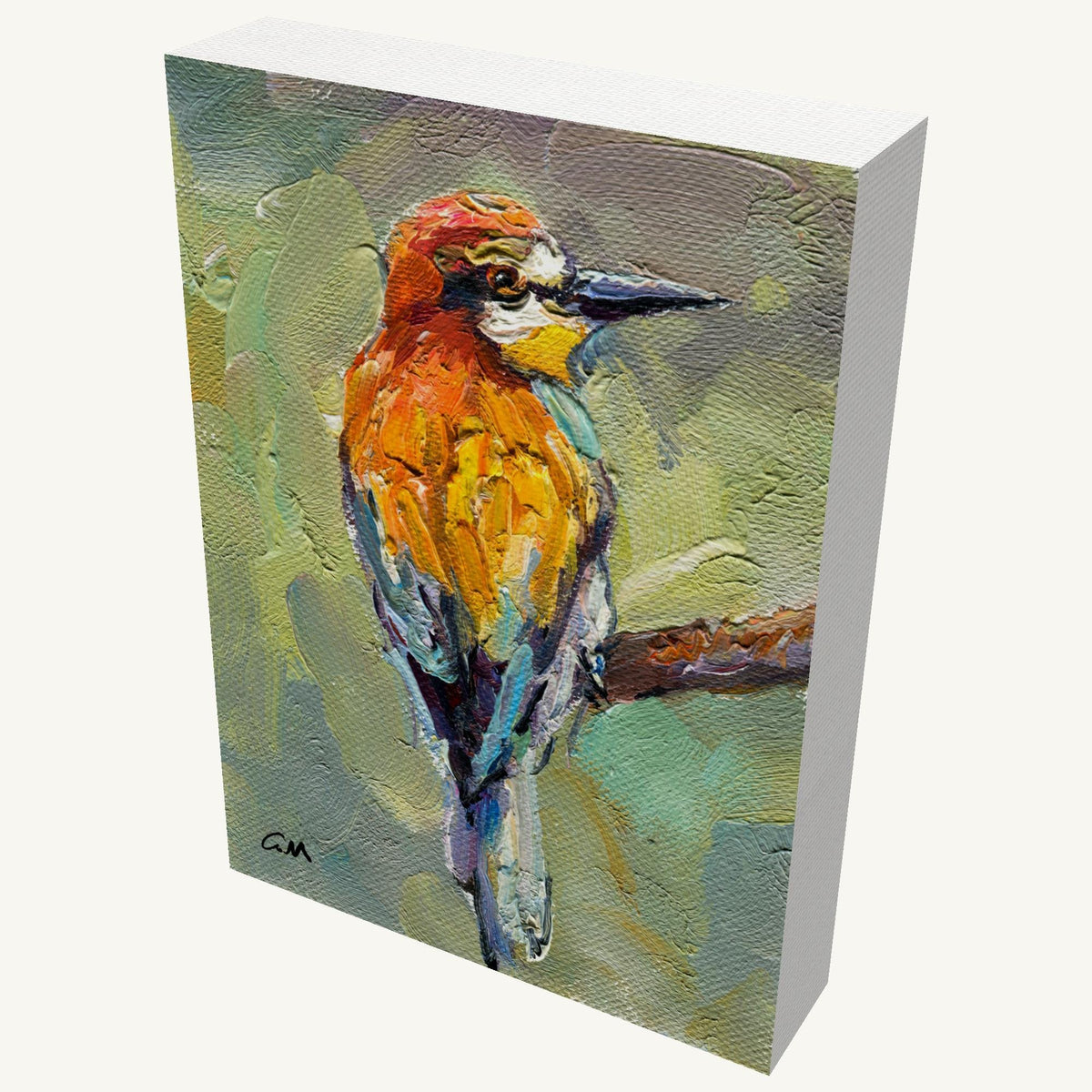 Vibrant oil painting of a woodpecker in orange, yellow, and green hues on gallery-wrapped canvas, viewed at an angle with visible depth and side edges, unframed and ready to hang