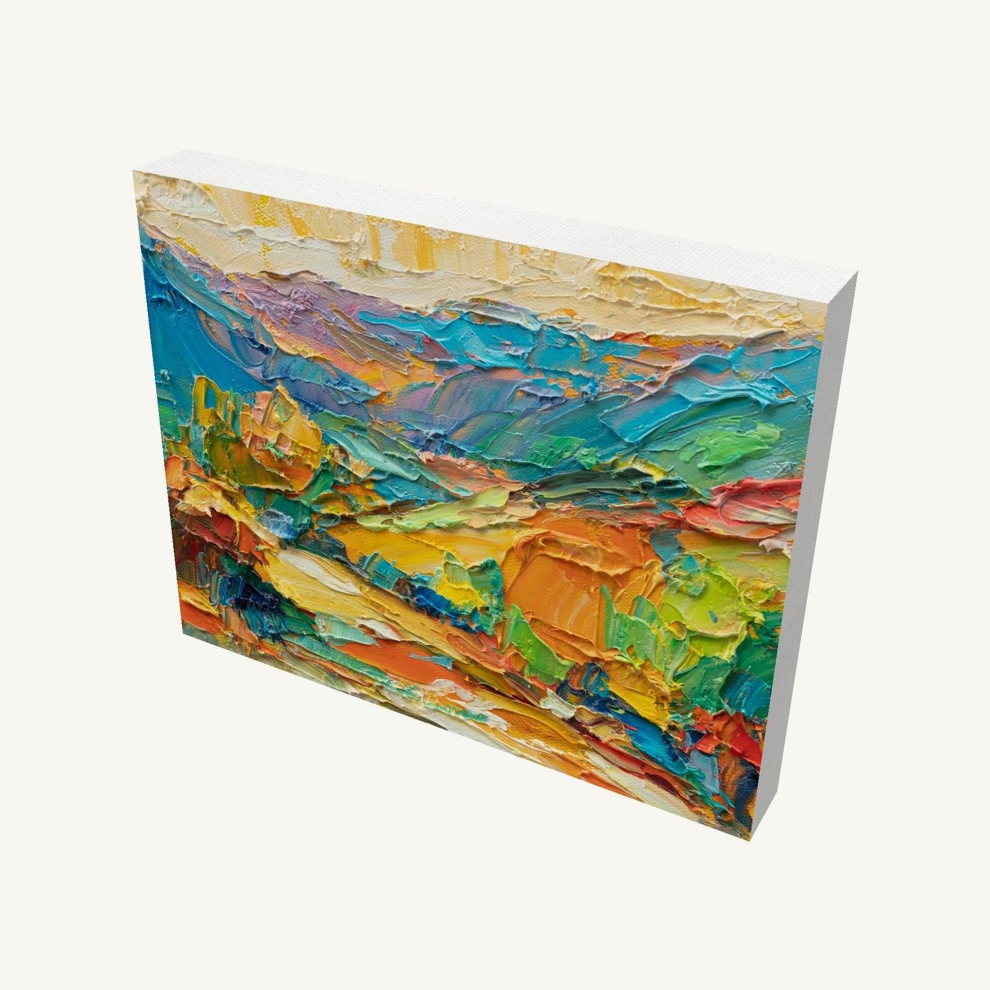 Hand-painted abstract landscape on gallery-wrapped canvas, viewed at an angle, showcasing vibrant colors and textured brushwork with visible depth and shadow
