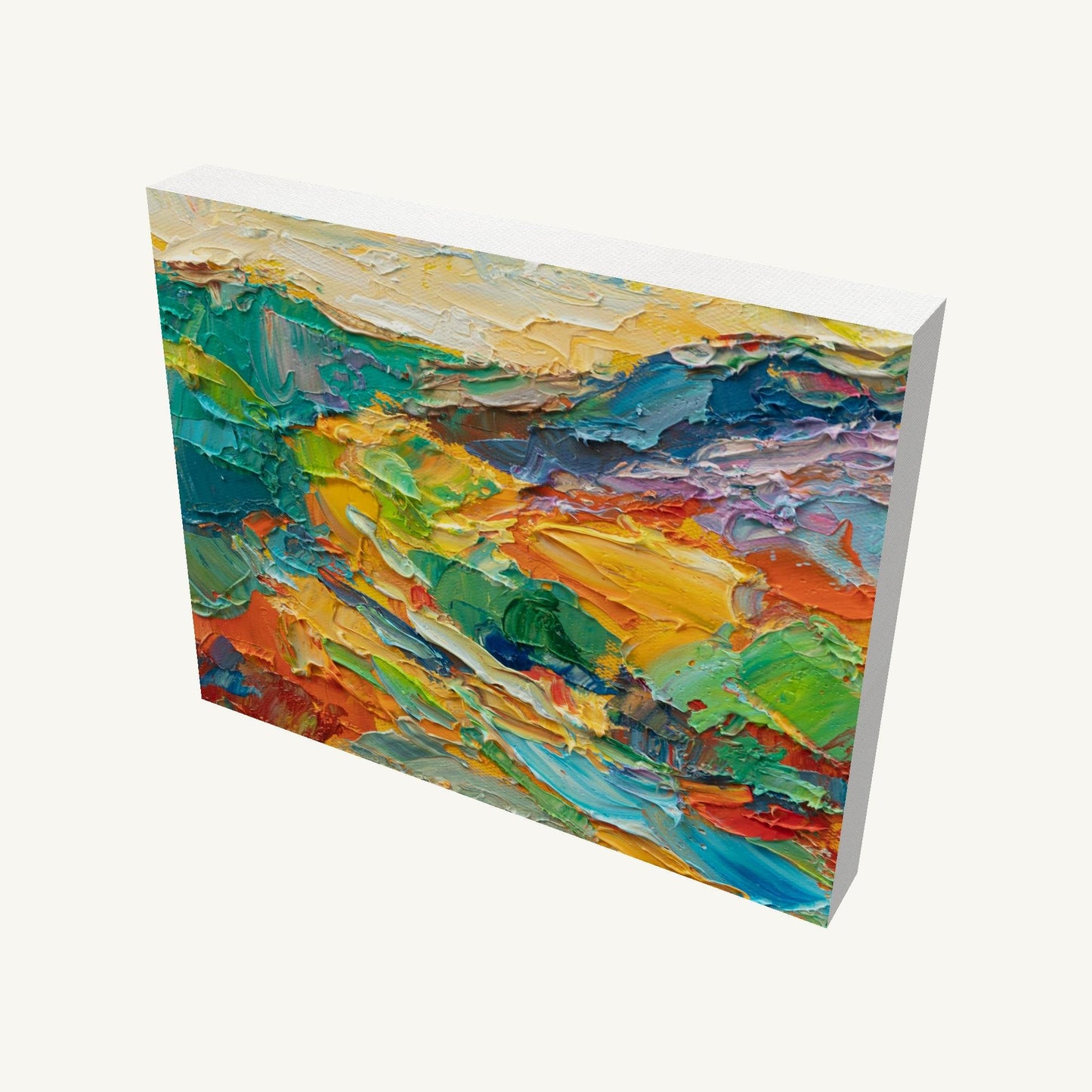 Abstract landscape oil painting with impasto texture on gallery-wrapped canvas, viewed at an angle, showcasing vibrant colors and depth