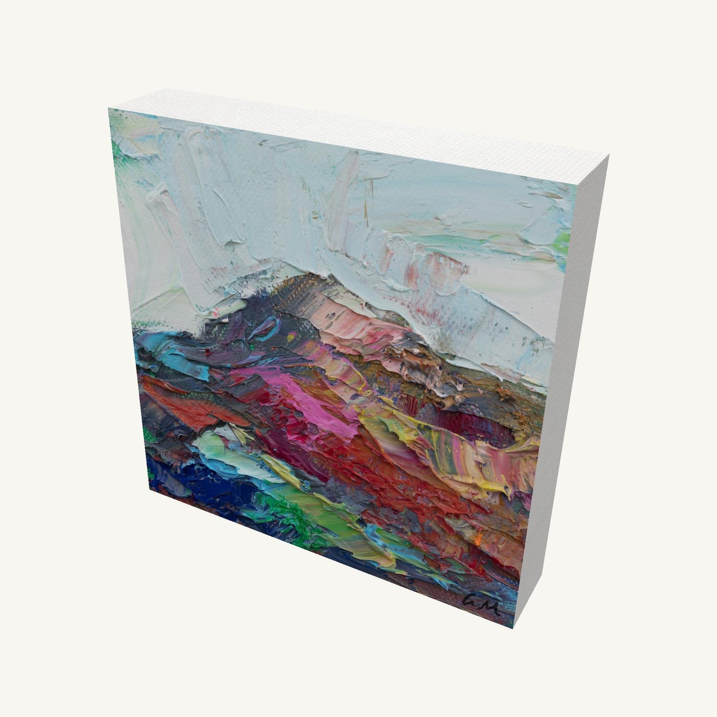 Textured abstract landscape painting on gallery-wrapped canvas, viewed at an angle, showcasing vibrant red, blue, and green hues with visible brushwork and depth