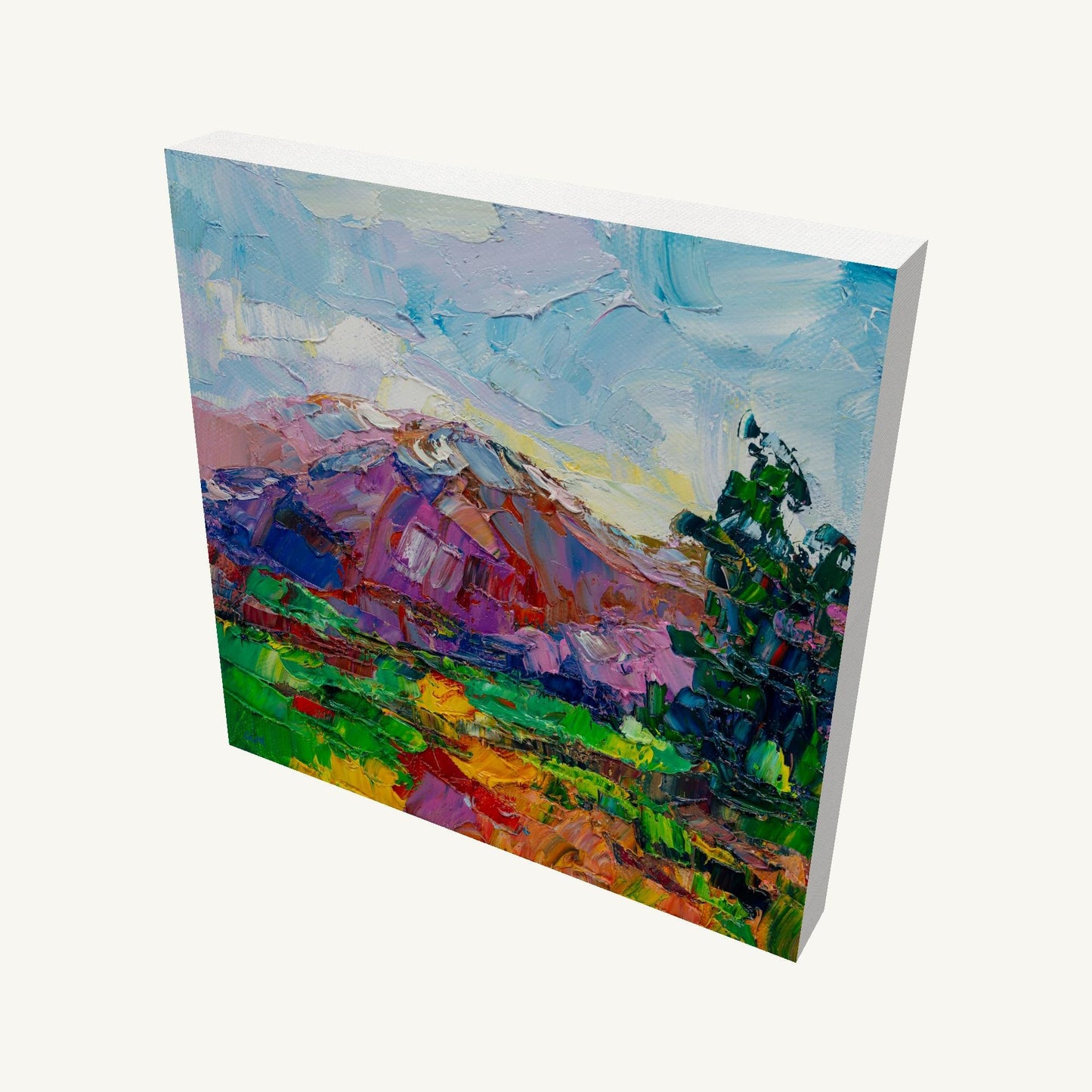 Vibrant autumn mountain landscape painting on gallery-wrapped canvas, viewed at an angle, showcasing textured oil brushwork and deep side edges with soft shadow