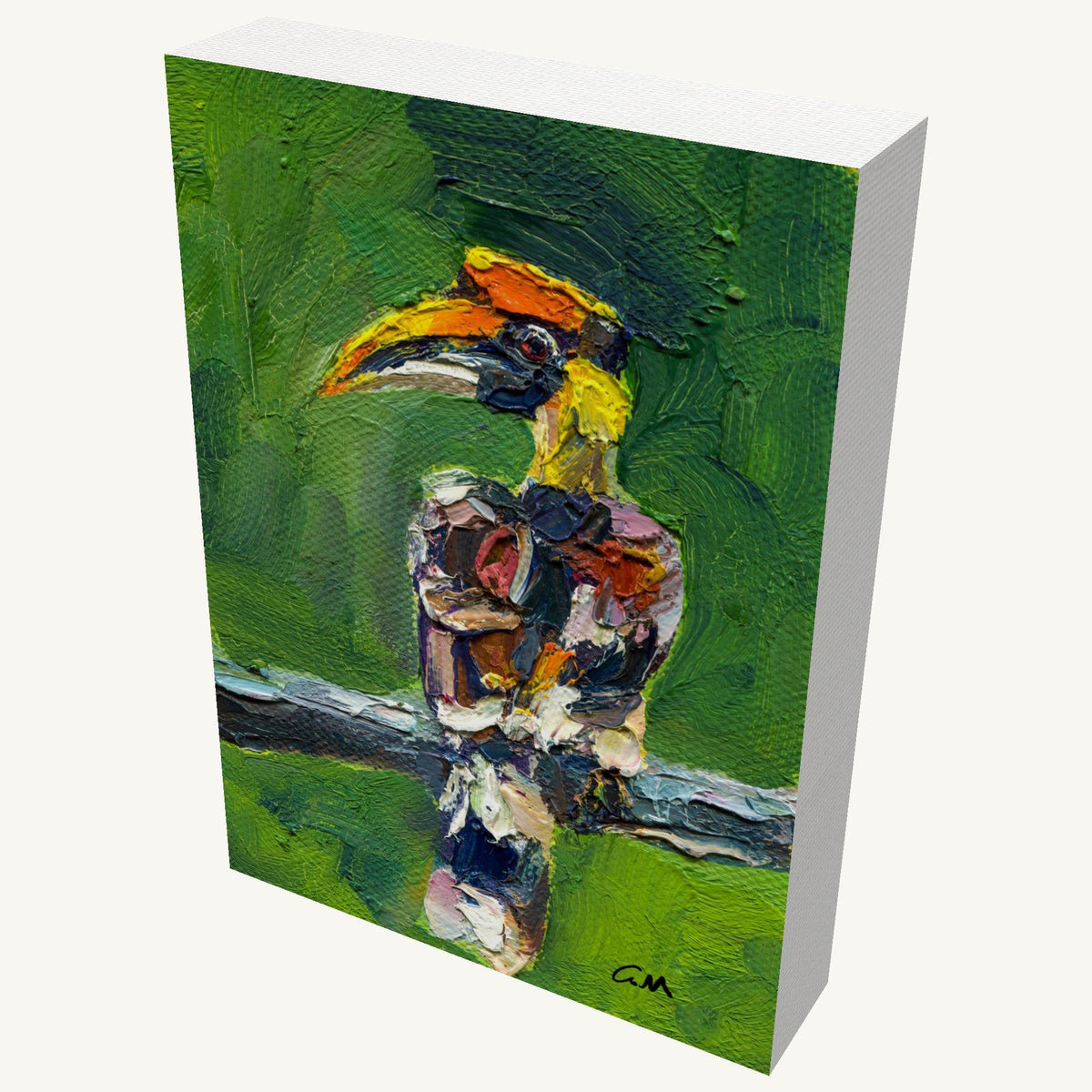 Vibrant oil painting of a toucan perched on a branch, gallery-wrapped canvas with visible texture and depth, signed by artist, viewed at an angle