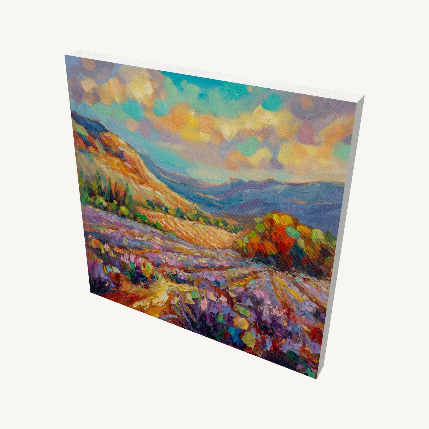 Gallery-wrapped canvas painting of a lavender field landscape with impasto texture, viewed at an angle showing depth and side edges, unframed and ready to hang