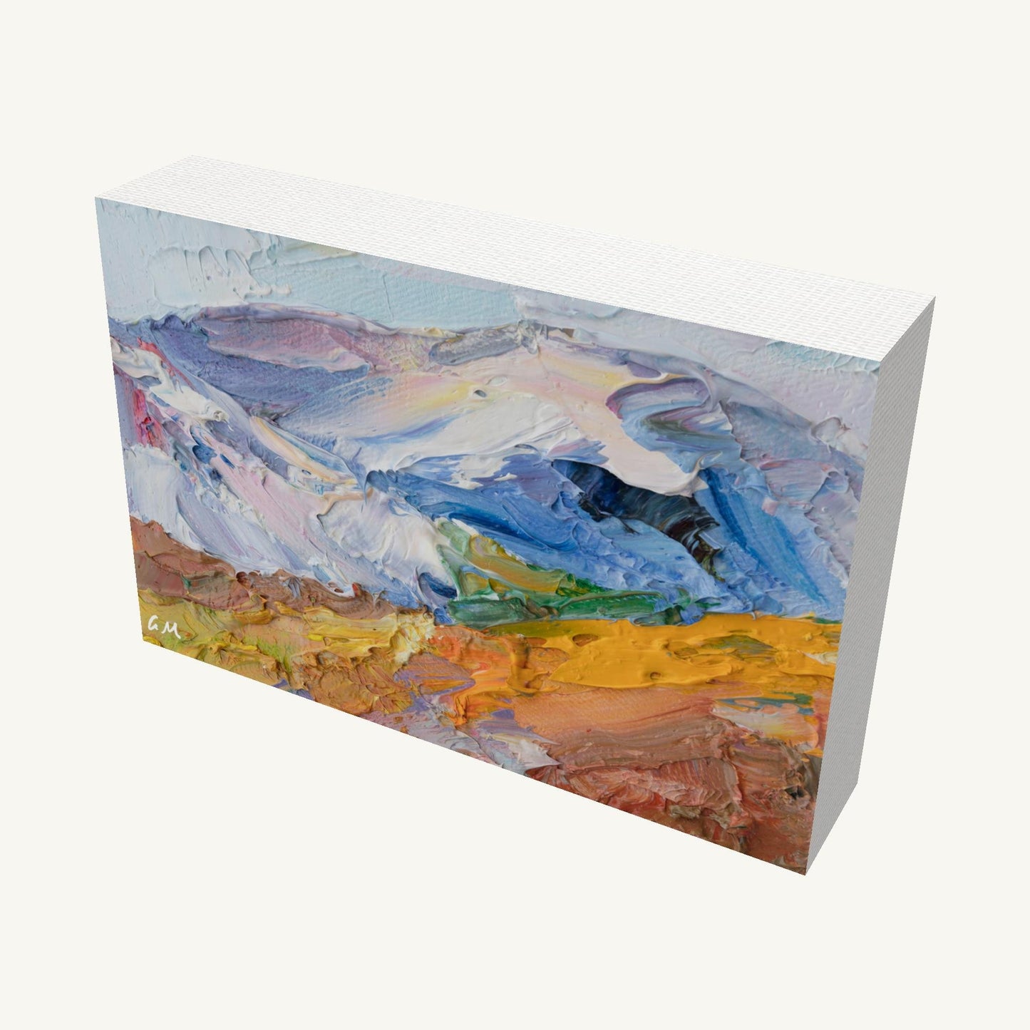 Hand-painted abstract landscape on gallery-wrapped canvas, 6×4 in, viewed at an angle showing depth and textured brushwork in blue, yellow, and white tones