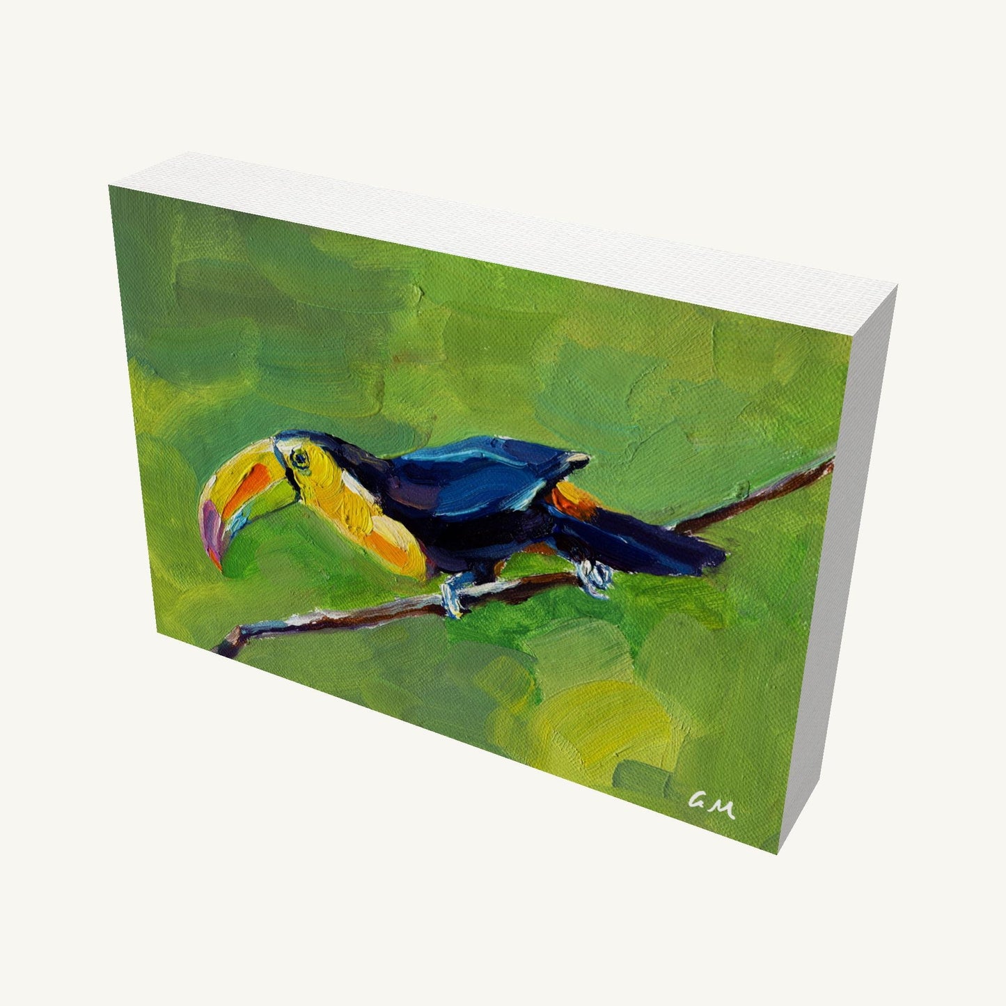 Vibrant oil painting of a toucan perched on a branch, gallery-wrapped canvas with visible depth and side edges, signed by artist, displayed at an angle