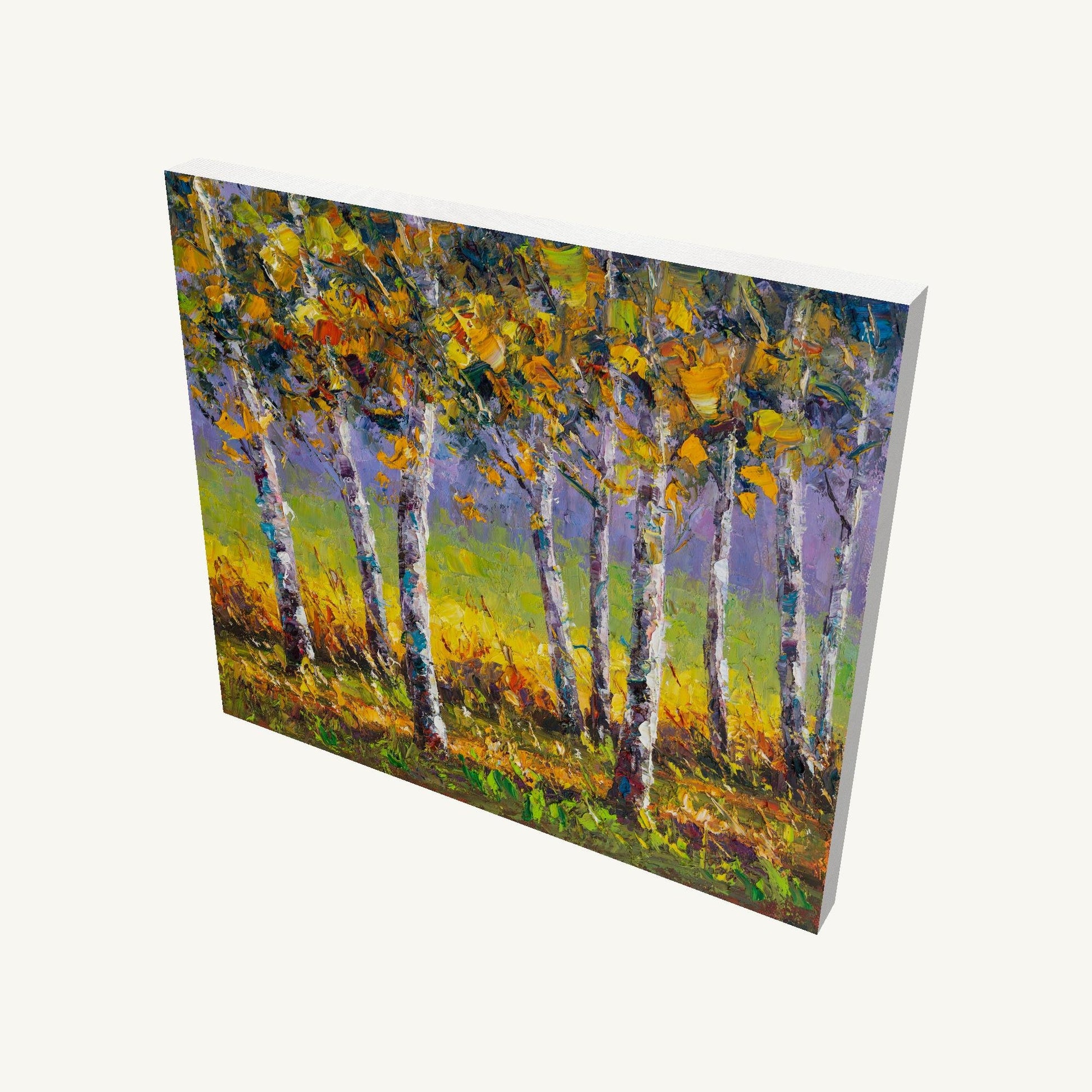 Autumn birch forest oil painting on gallery-wrapped canvas, viewed at an angle, showcasing depth and painted sides with vibrant yellow, green, and white hues
