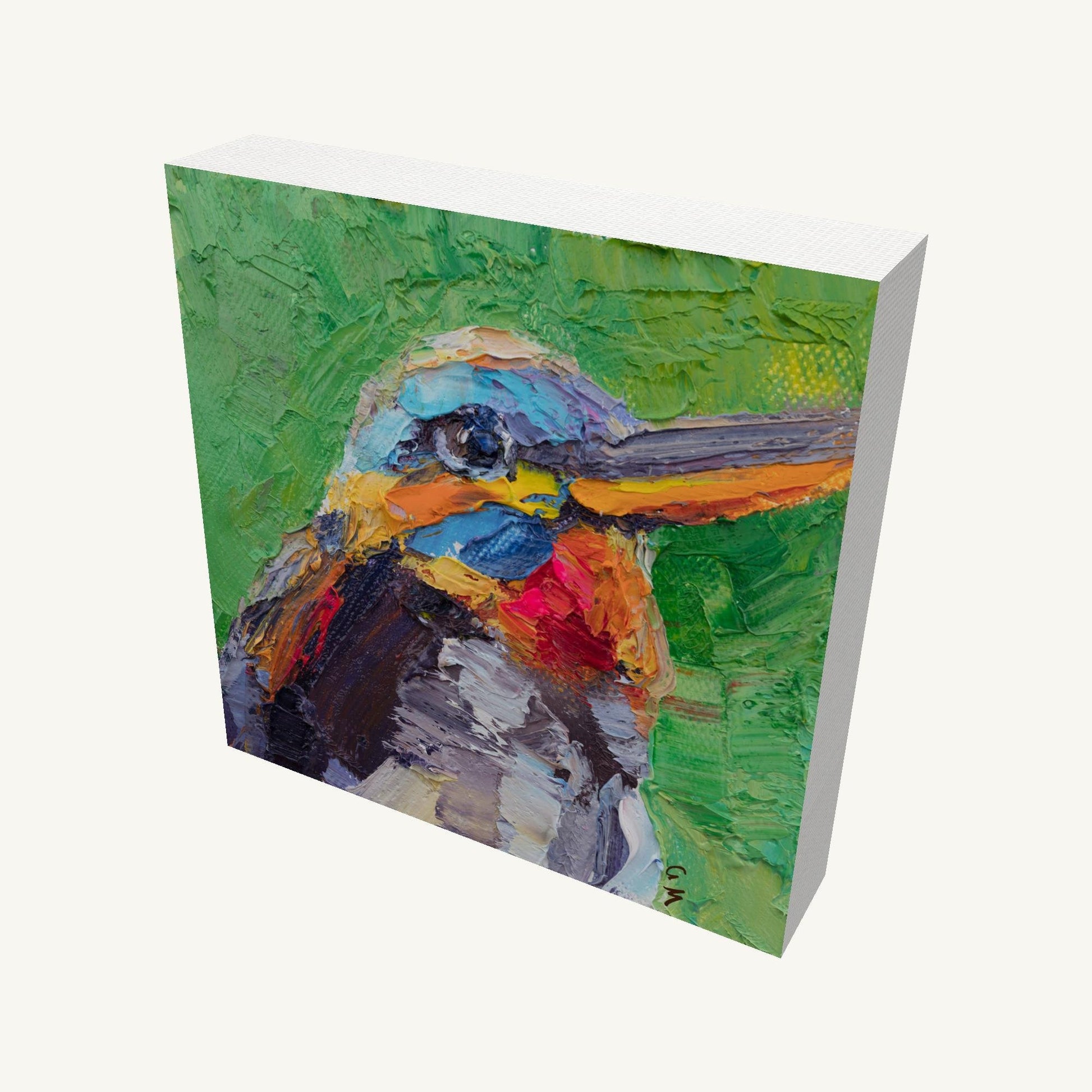 Expressive oil painting of a colorful bird on gallery-wrapped canvas, viewed at an angle, showcasing textured brushwork and vibrant greens, blues, and reds with visible side edges and subtle shadow