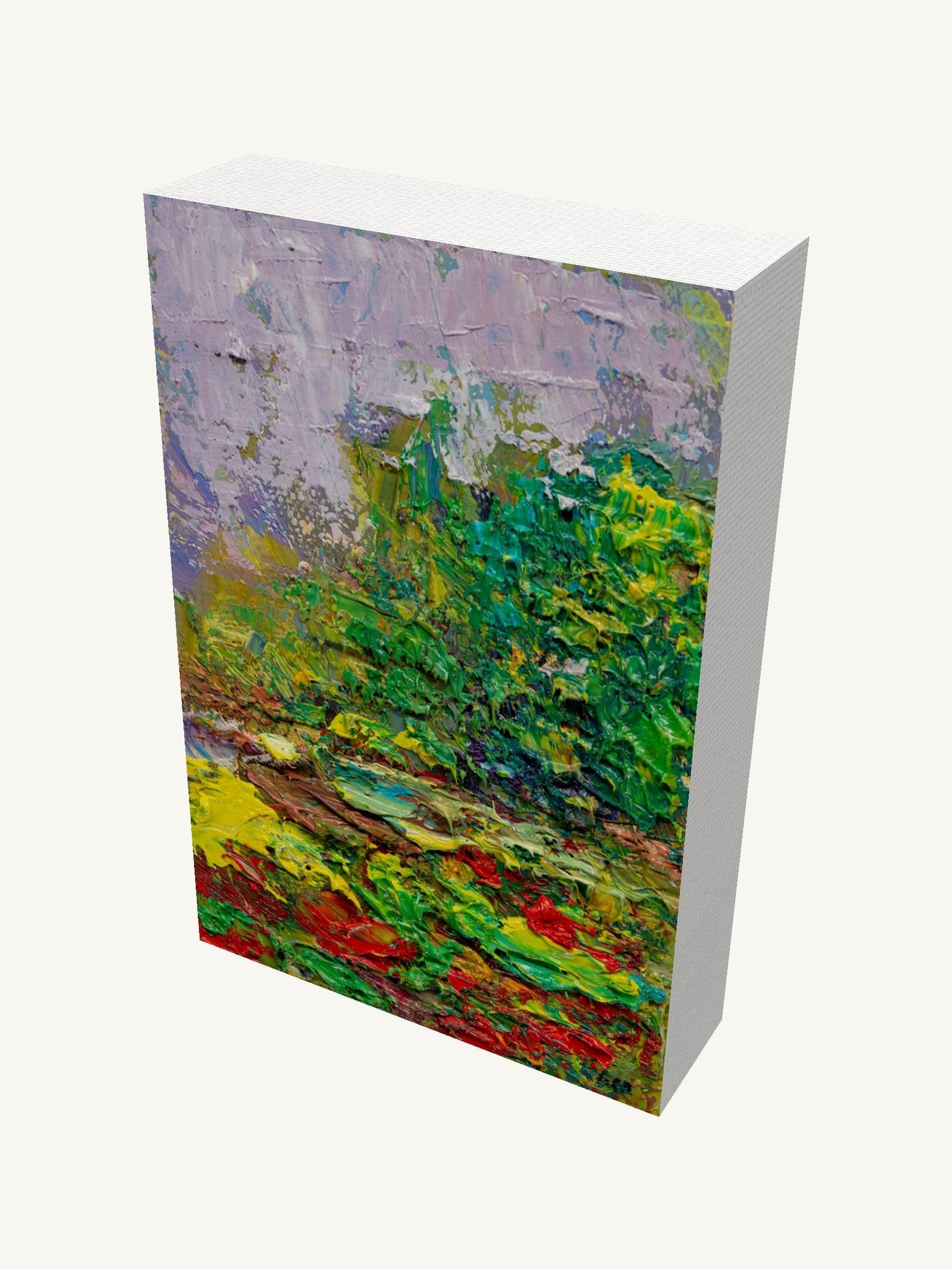 Vertical oil painting on gallery-wrapped canvas depicting a vibrant garden scene with textured greens, reds, and yellows; unframed, viewed at an angle showing depth and side edges