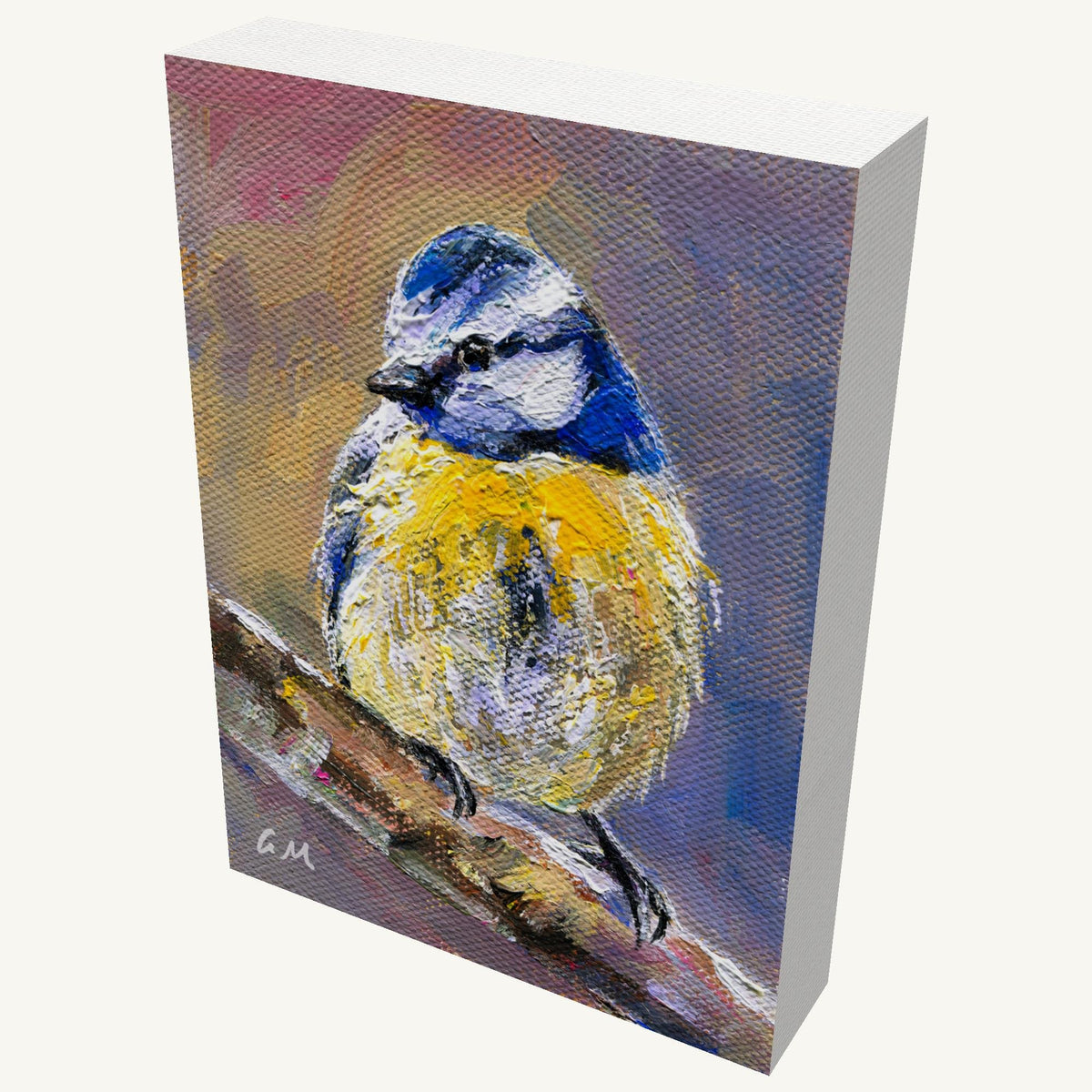 Palette knife oil painting of a blue tit perched on a branch, gallery-wrapped canvas with visible depth and side edges, signed by artist GM